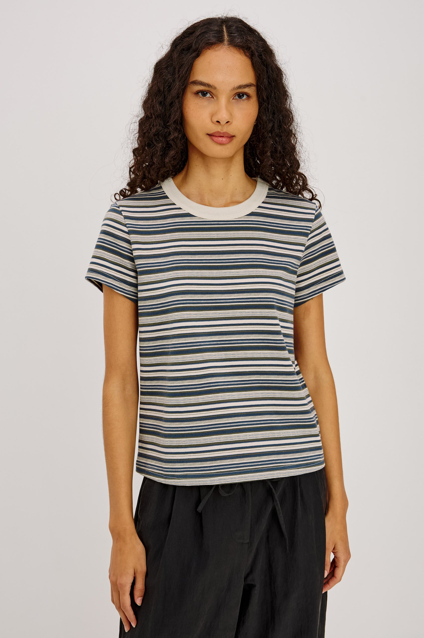 Girlfriend T-Shirt in Midweight Cotton With Slightly Cropped Boxy Fit, Contrast Crew Neck, and Short Sleeves in Coastal Pine Stripe Colorway - Upper Body Front View Featured on Model