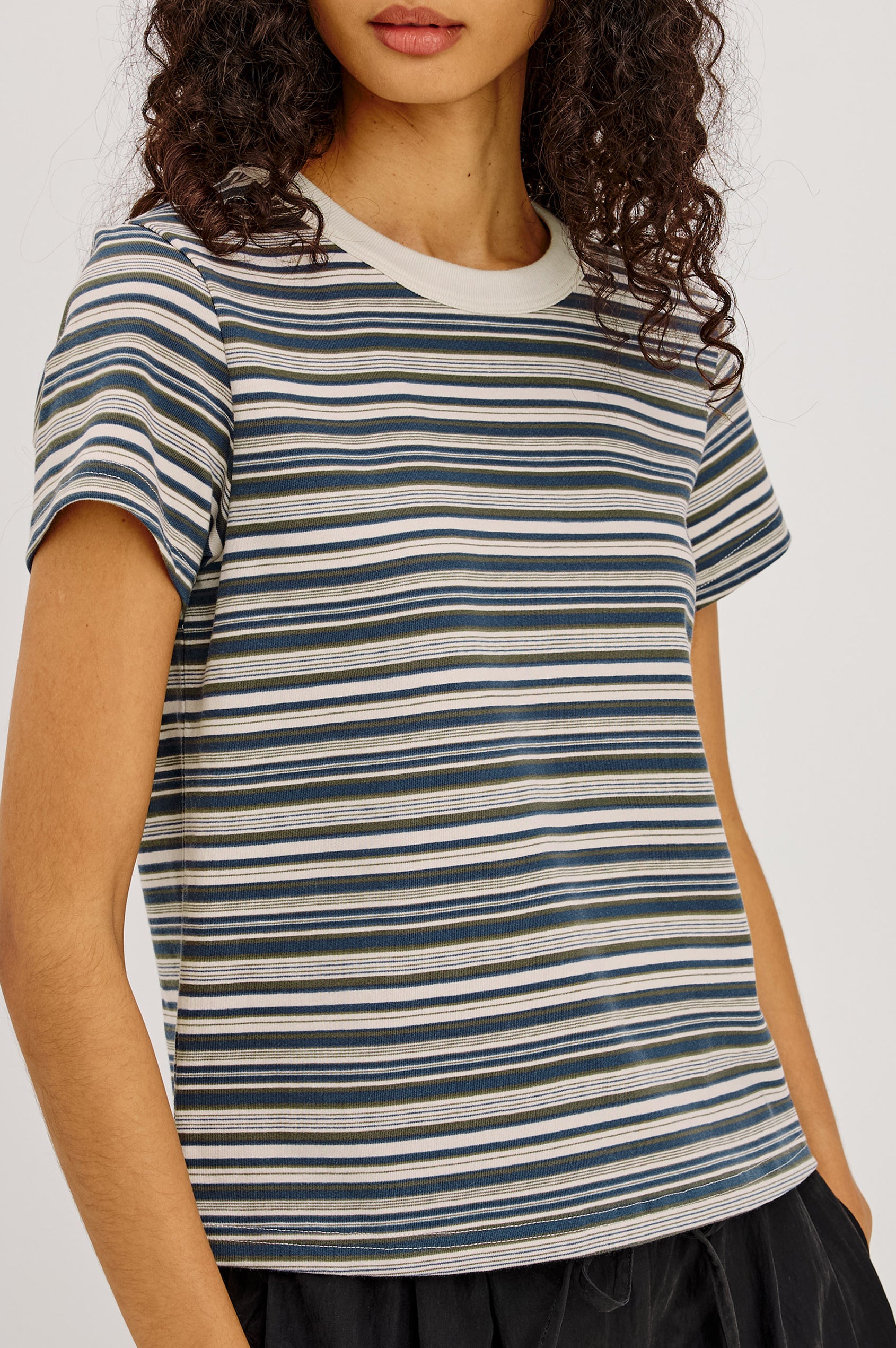 Girlfriend T-Shirt in Midweight Cotton With Slightly Cropped Boxy Fit, Contrast Crew Neck, and Short Sleeves in Coastal Pine Stripe Colorway - Upper Body Front View Featured on Model