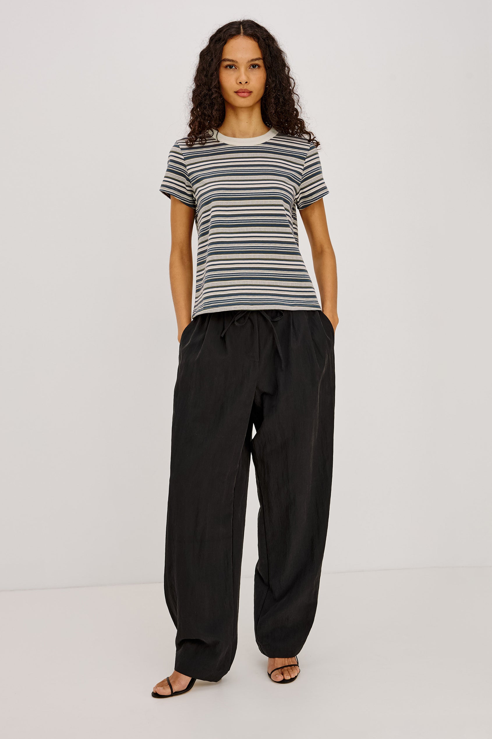 Girlfriend T-Shirt in Midweight Cotton With Slightly Cropped Boxy Fit, Contrast Crew Neck, and Short Sleeves in Coastal Pine Stripe Colorway - Full Body Front View Featured on Model