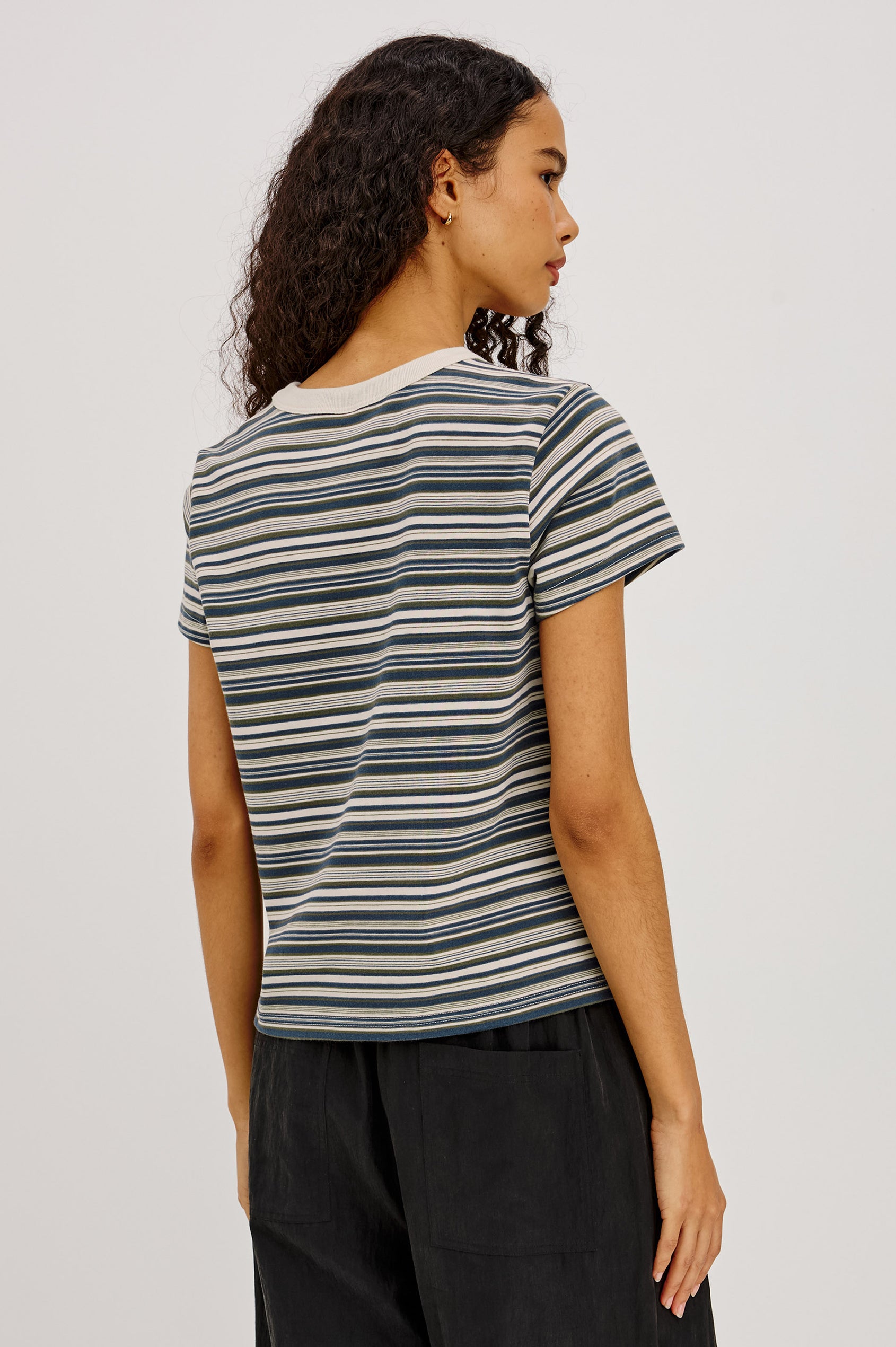 Girlfriend T-Shirt in Midweight Cotton With Slightly Cropped Boxy Fit, Contrast Crew Neck, and Short Sleeves in Coastal Pine Stripe Colorway - Lower Body Back View Featured on Model