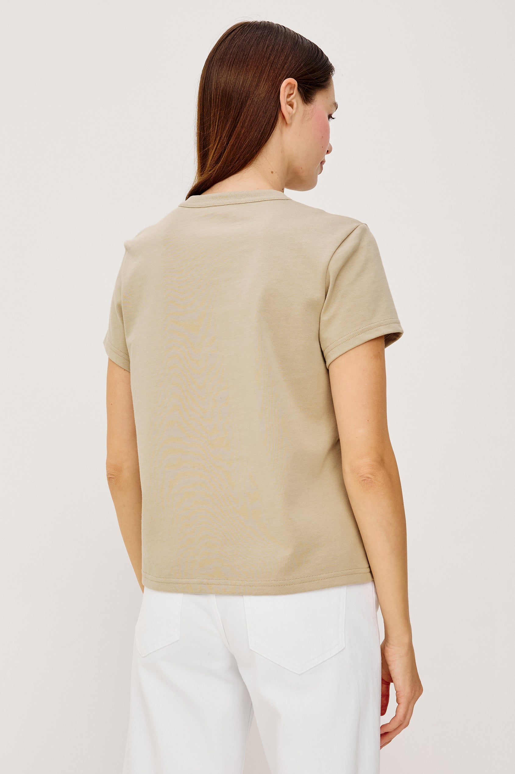 Girlfriend Pleated Jersey Tee With Crew Neckline, Short Sleeves, and Relaxed Slightly-Boxy Fit in Dune Colorway - Upper Body View Featured on Model