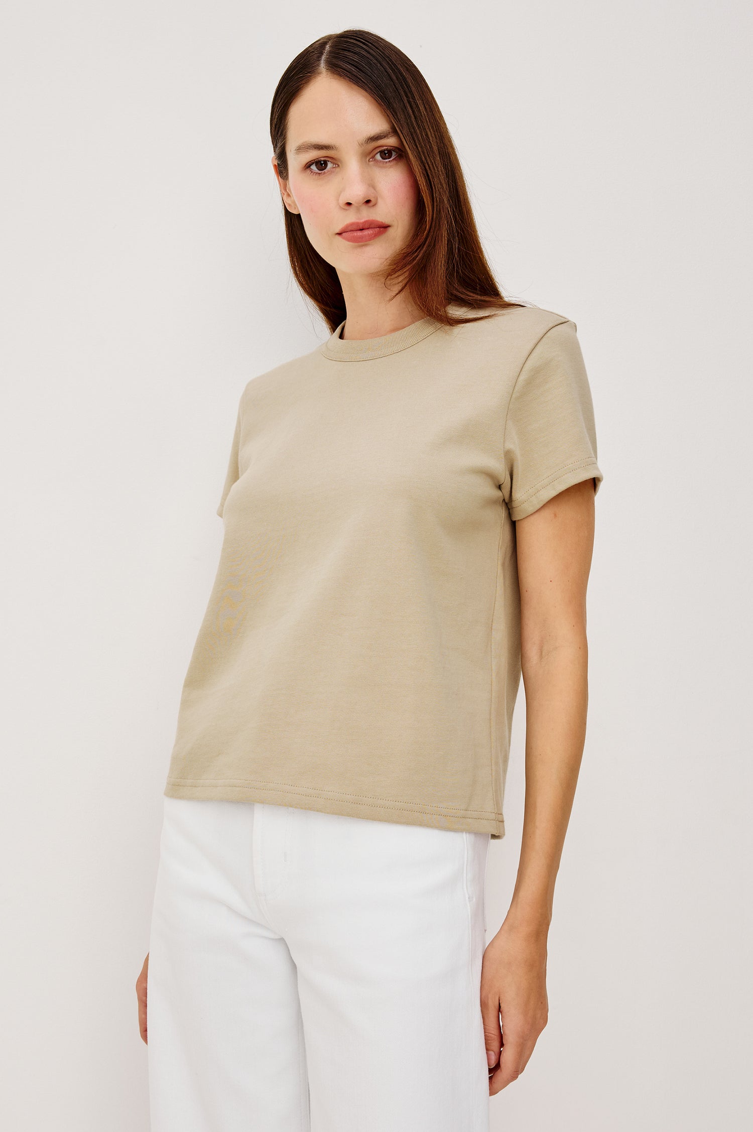 Girlfriend Pleated Jersey Tee With Crew Neckline Short Sleeves and Relaxed Slightly-Boxy Fit in Dune Colorway - Upper Body View Featured on Model