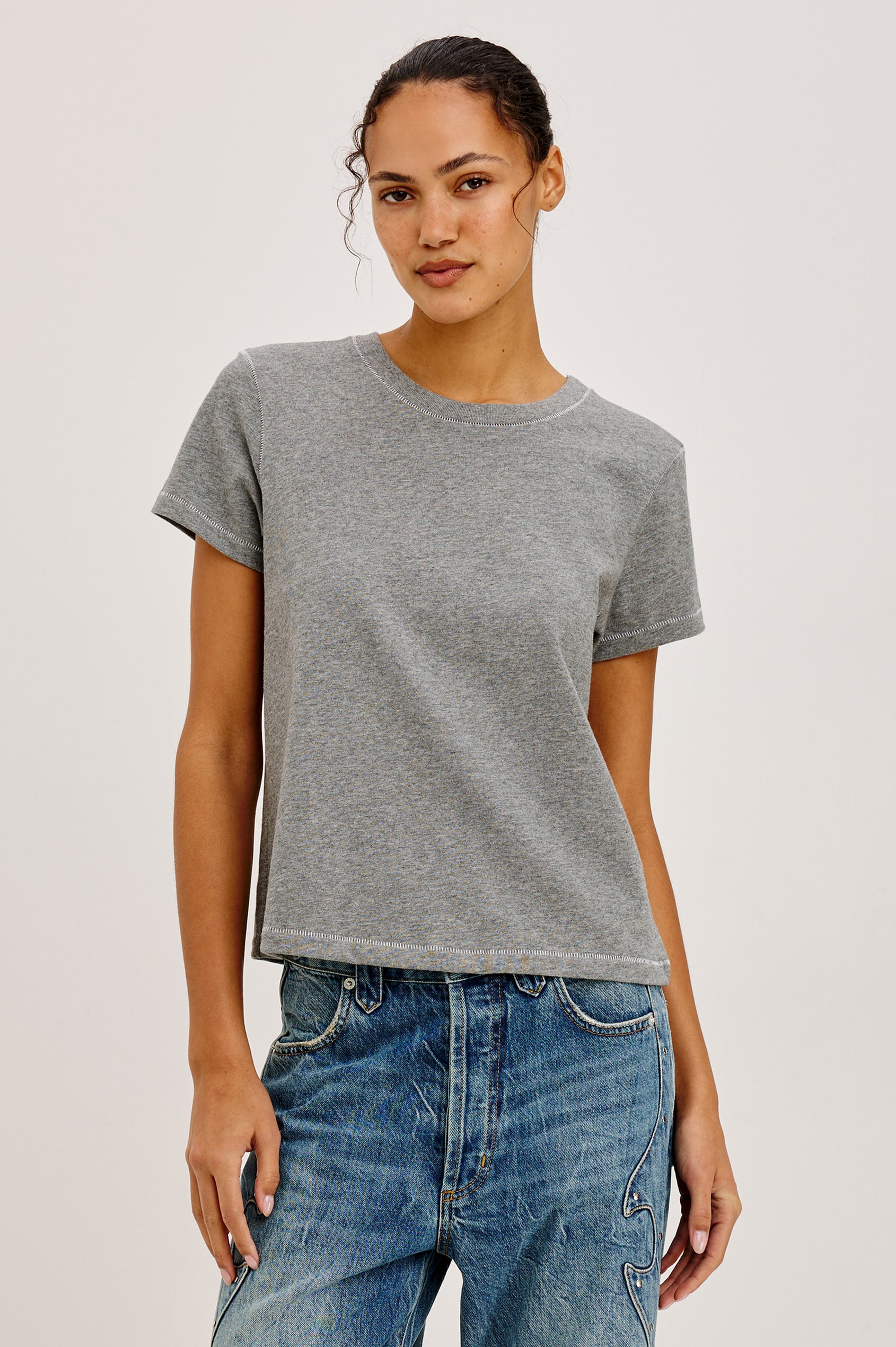 Girlfriend T-Shirt in Midweight Cotton With Slightly Cropped Boxy Fit, Crew Neck, and Short Sleeves in Heather Contrast Stitch Colorway - Upper Body Front View Featured on Model