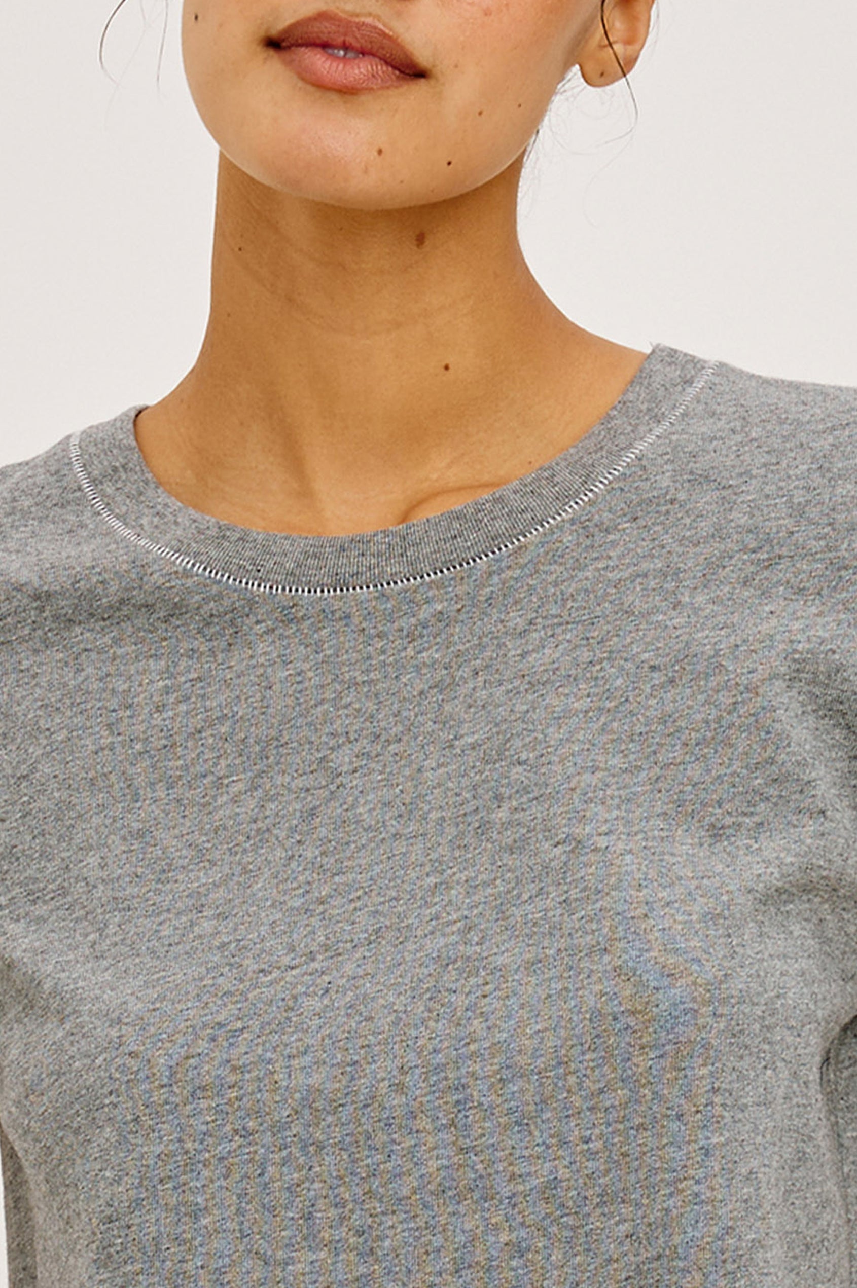 Girlfriend T-Shirt in Midweight Cotton With Slightly Cropped Boxy Fit, Crew Neck, and Short Sleeves in Heather Contrast Stitch Colorway - Upper Body Front View Featured on Model