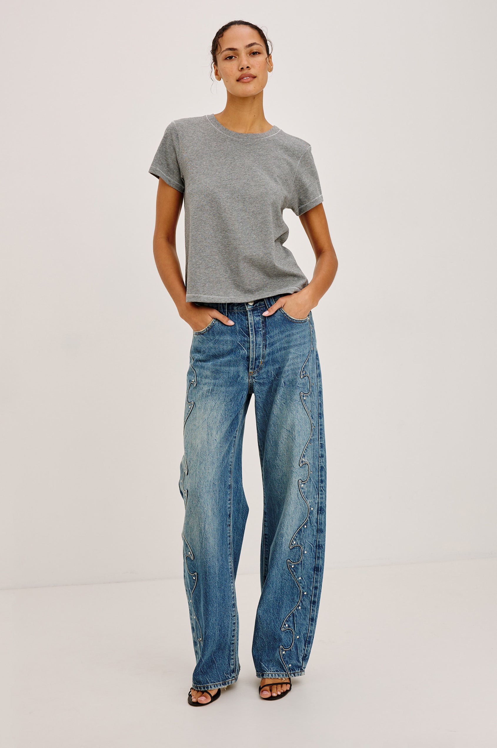 Girlfriend T-Shirt in Midweight Cotton With Slightly Cropped Boxy Fit, Crew Neck, and Short Sleeves in Heather Contrast Stitch Colorway - Full Body Front View Featured on Model