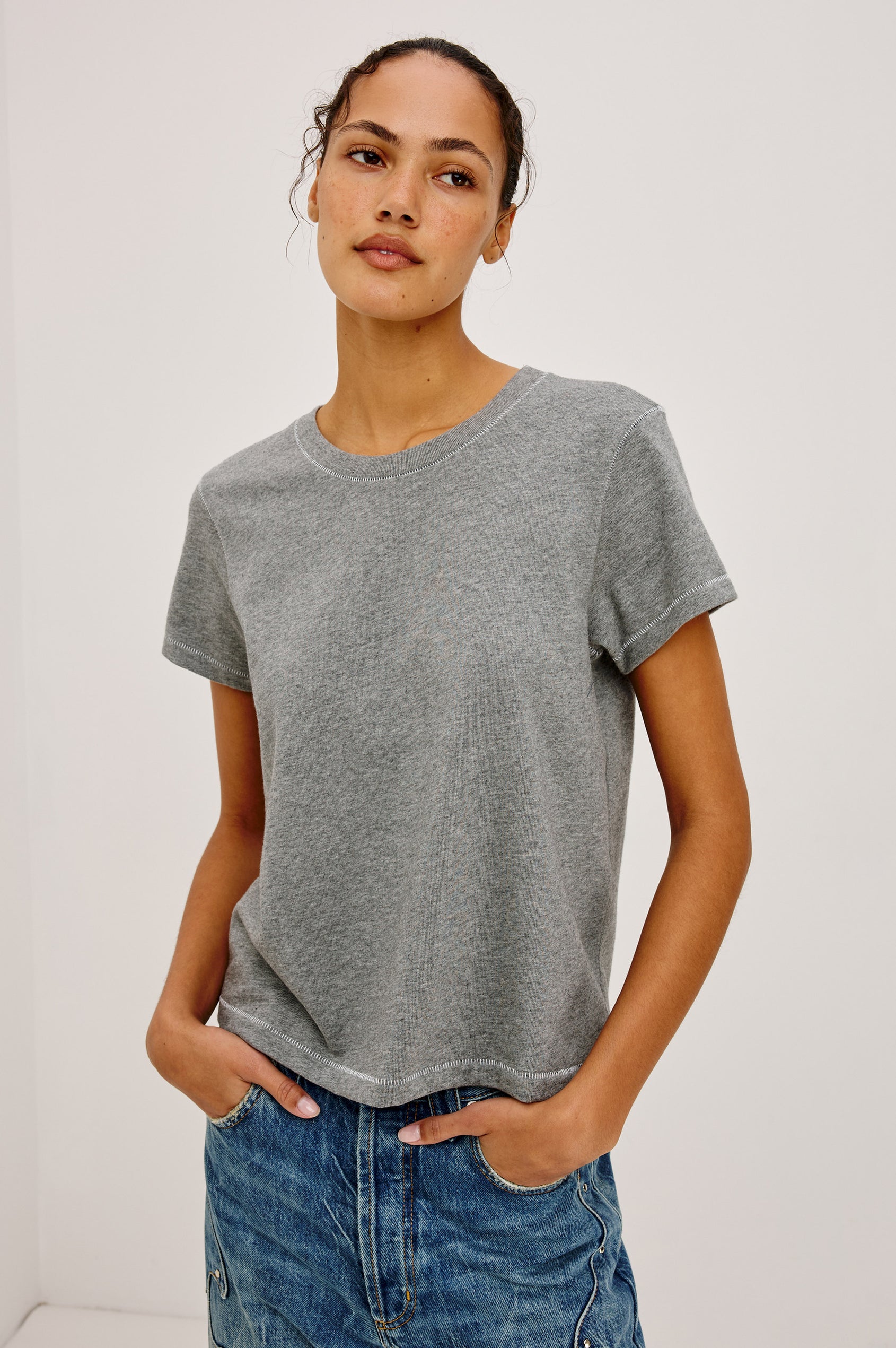 Girlfriend T-Shirt in Midweight Cotton With Slightly Cropped Boxy Fit, Crew Neck, and Short Sleeves in Heather Contrast Stitch Colorway - Upper Body Front View Featured on Model