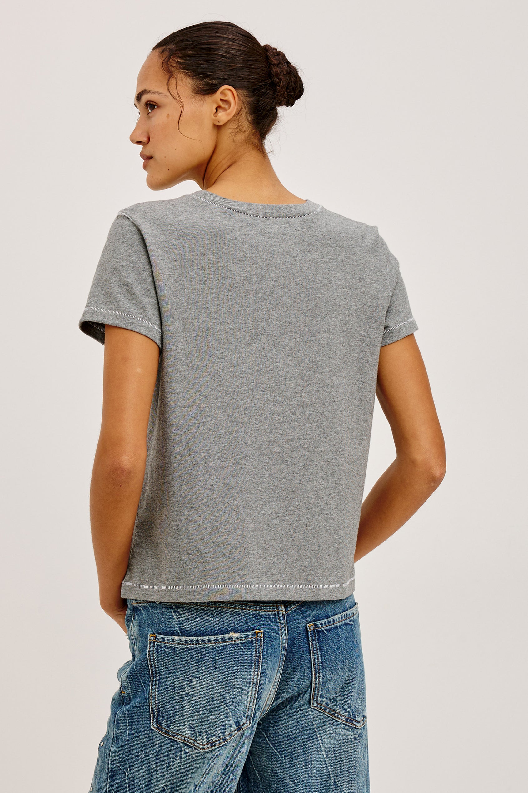 Girlfriend T-Shirt in Midweight Cotton With Slightly Cropped Boxy Fit, Crew Neck, and Short Sleeves in Heather Contrast Stitch Colorway - Upper Body Back View Featured on Model