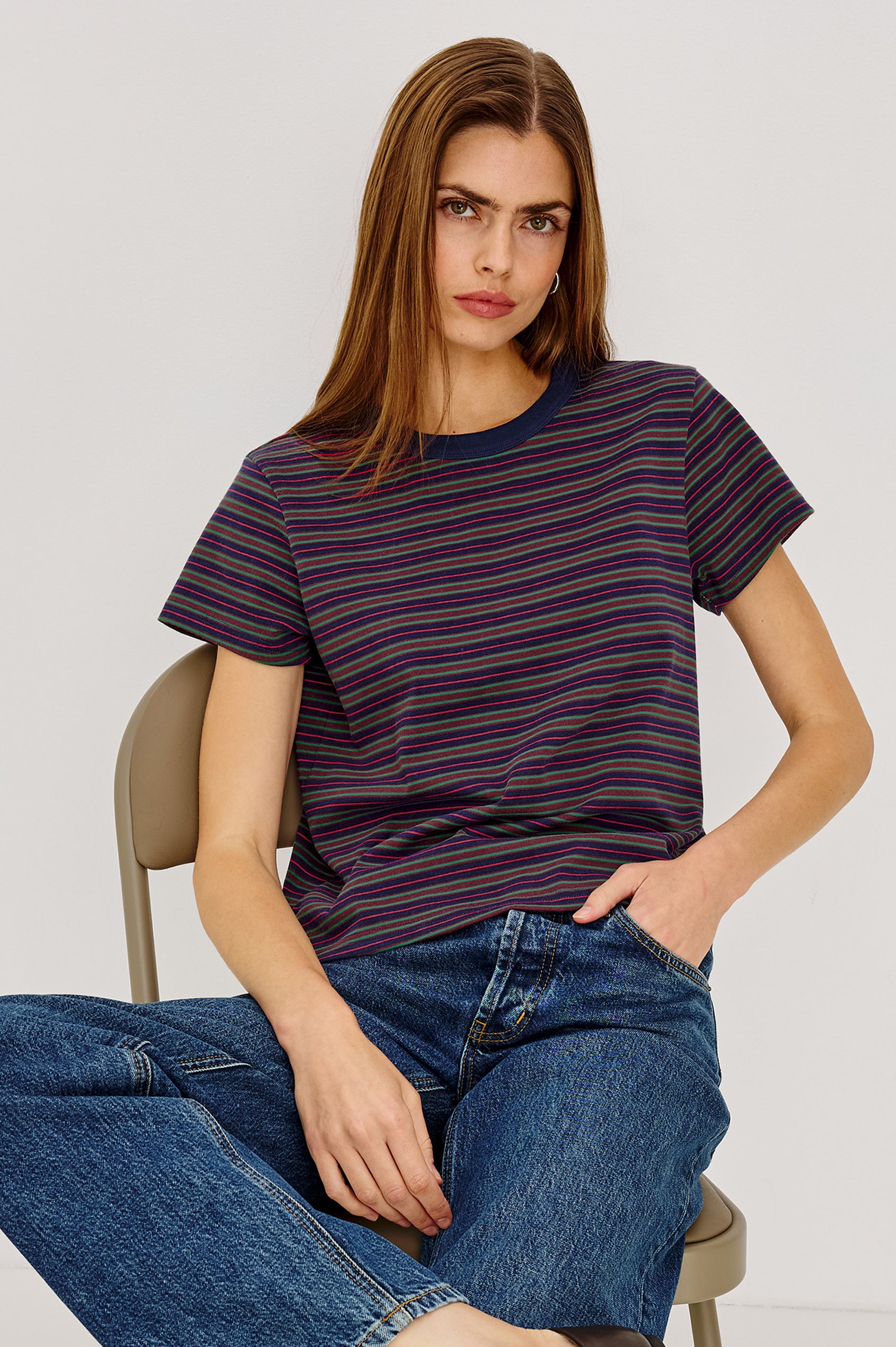 Girlfriend T-Shirt in Midweight Cotton With Slightly Cropped Boxy Fit, Crew Neck, and Short Sleeves in Maroon Navy Stripe Colorway - Full Body View Featured on Model