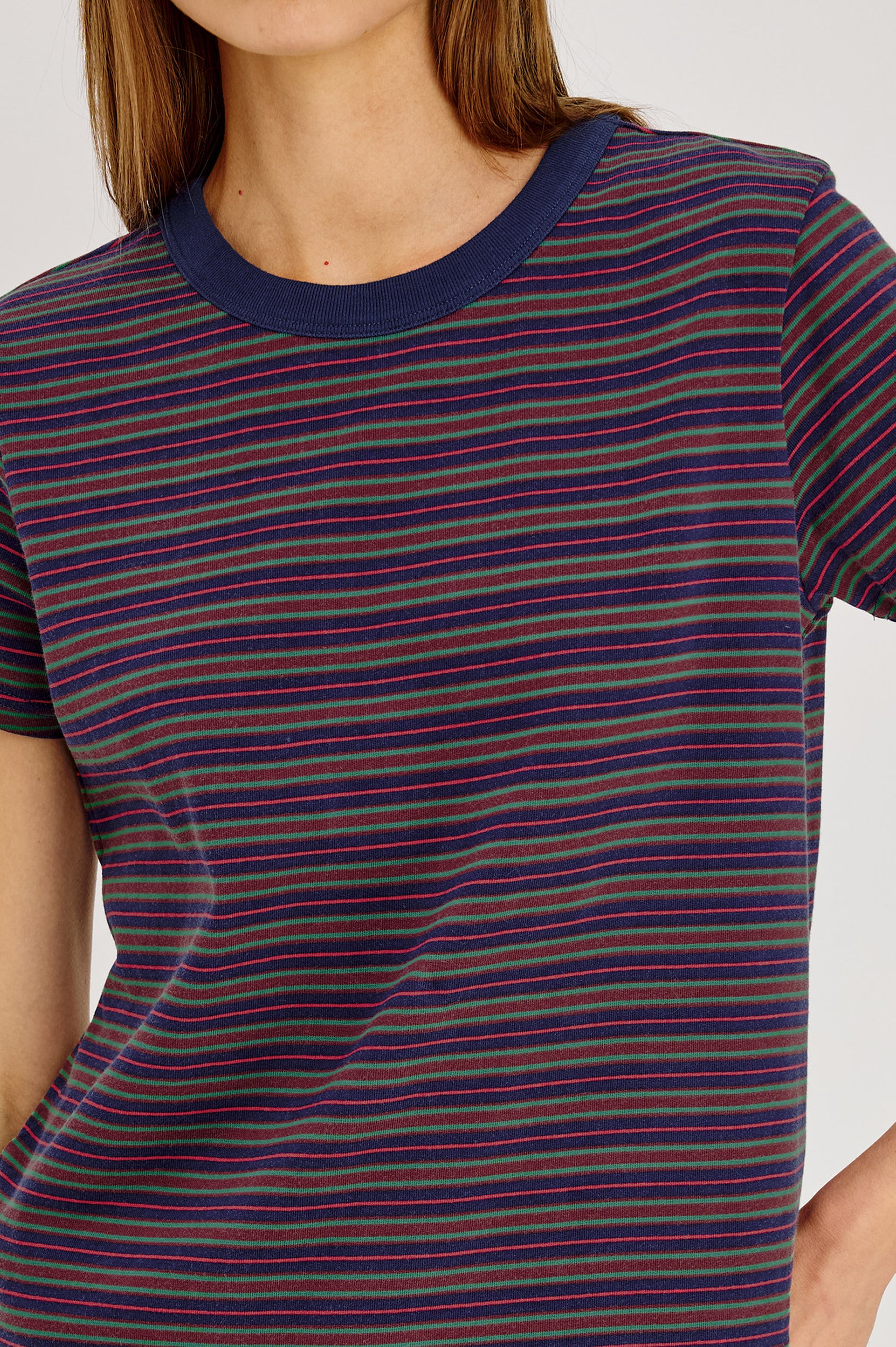 Girlfriend T-Shirt in Midweight Cotton With Slightly Cropped Boxy Fit, Crew Neck, and Short Sleeves in Maroon Navy Stripe Colorway - Upper Body Front View Featured on Model