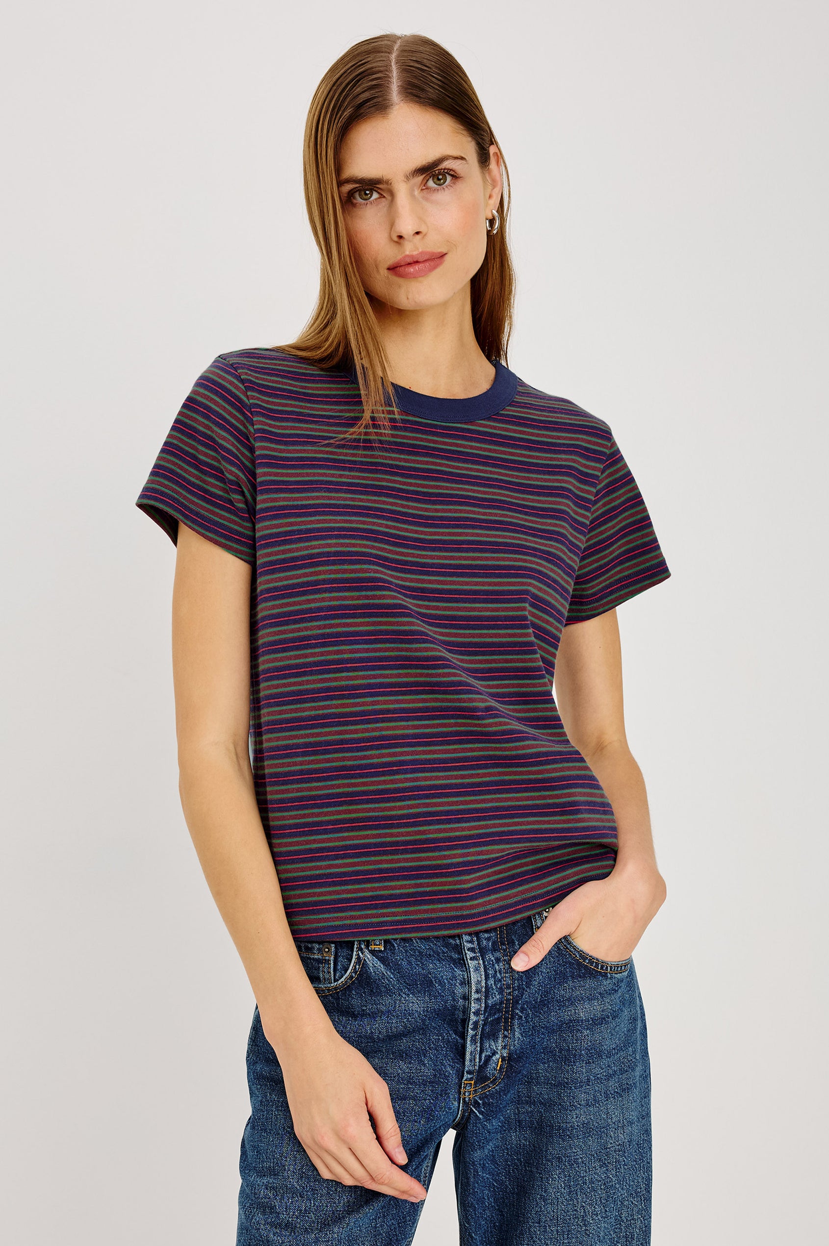 Girlfriend T-Shirt in Midweight Cotton With Slightly Cropped Boxy Fit, Crew Neck, and Short Sleeves in Maroon Navy Stripe Colorway - Upper Body Front View Featured on Model
