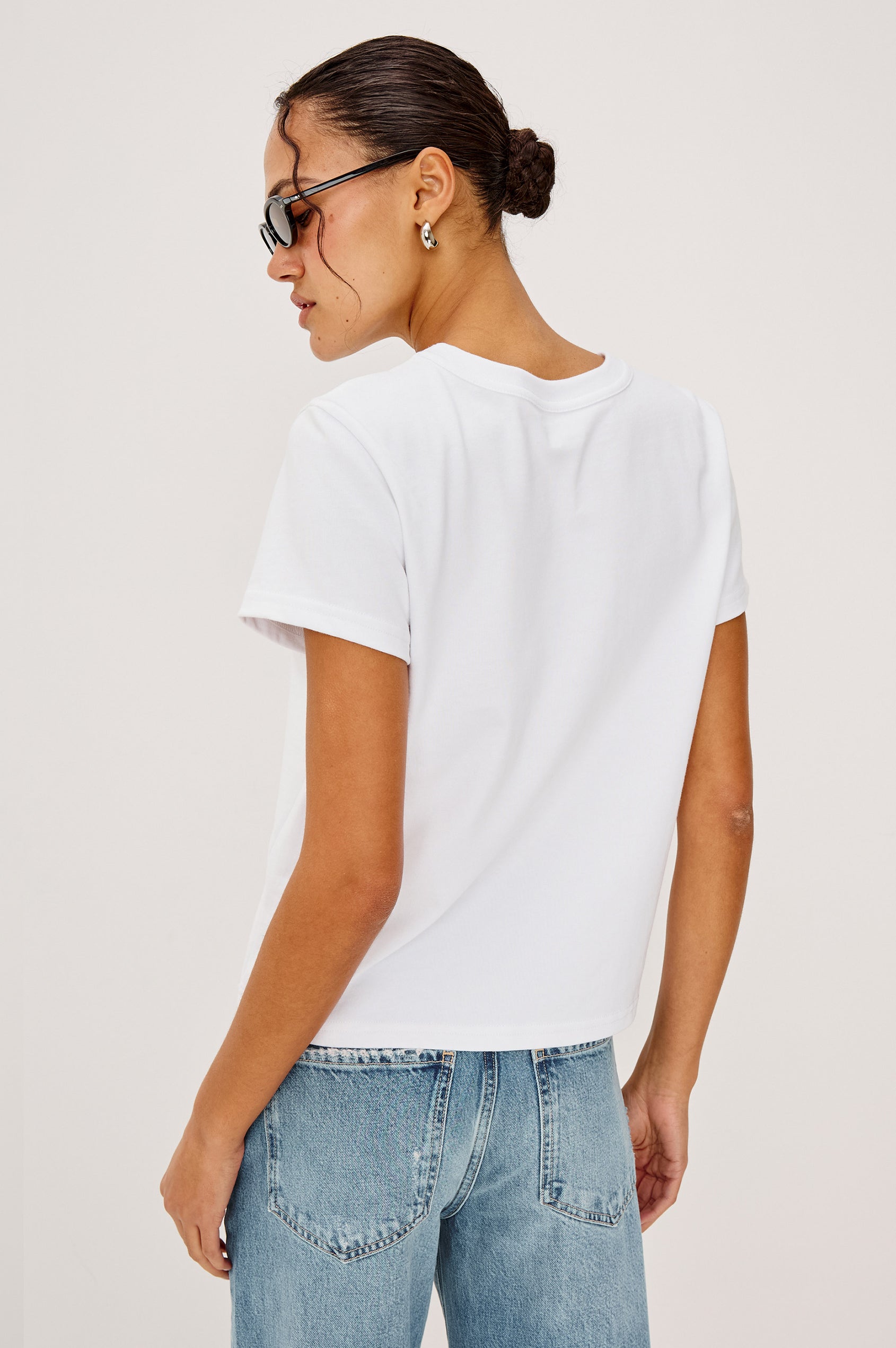 Girlfriend T-Shirt in Pleated Jersey With Slightly Boxy, Cropped Silhouette in White Colorway - Upper Body Front View Featured on Model