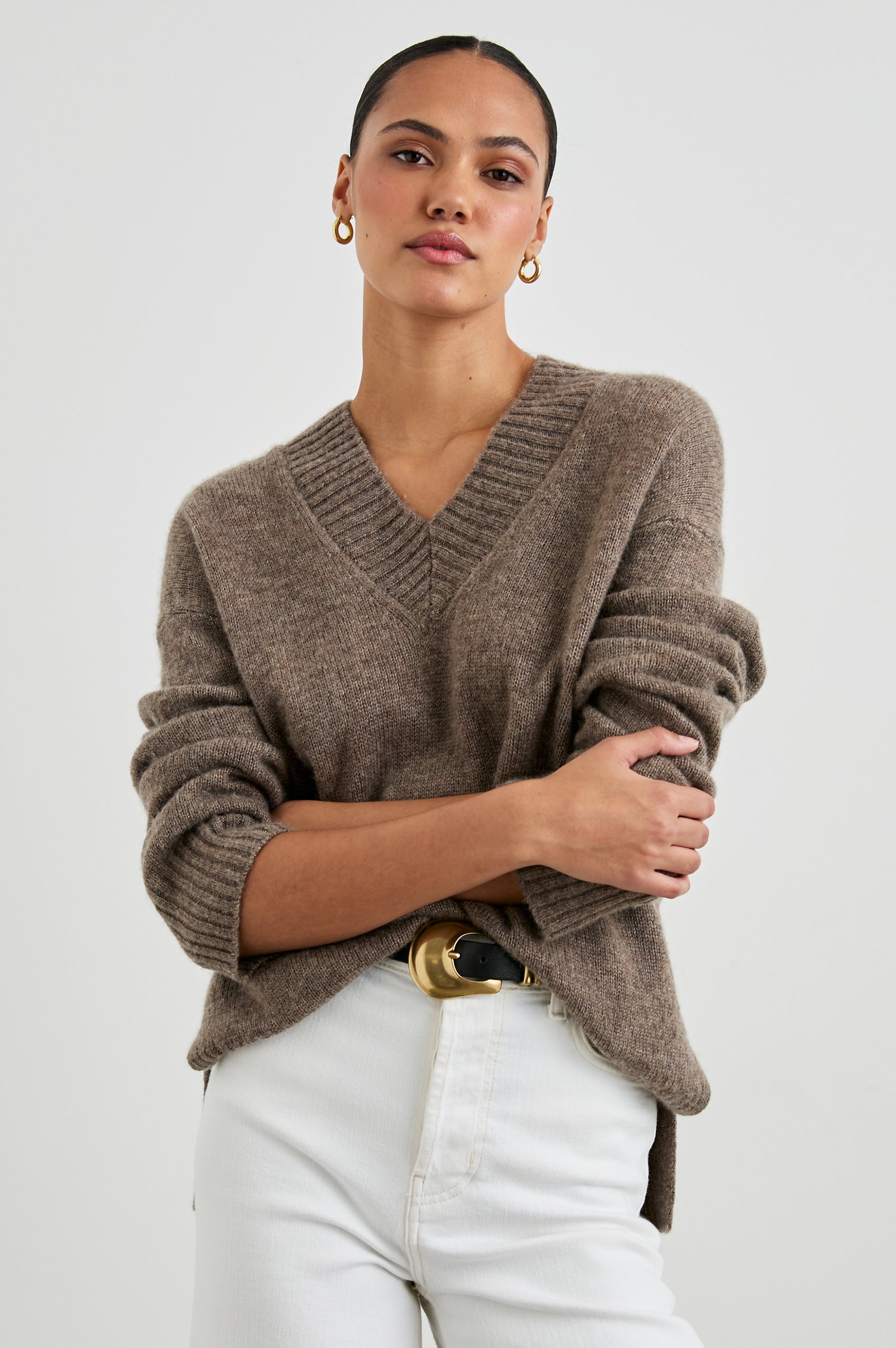 Gisella Long-Sleeve V Neck Sweater with Ribbed Trim and Side Slits in Hazelnut Colorway - Front View Featured on Model