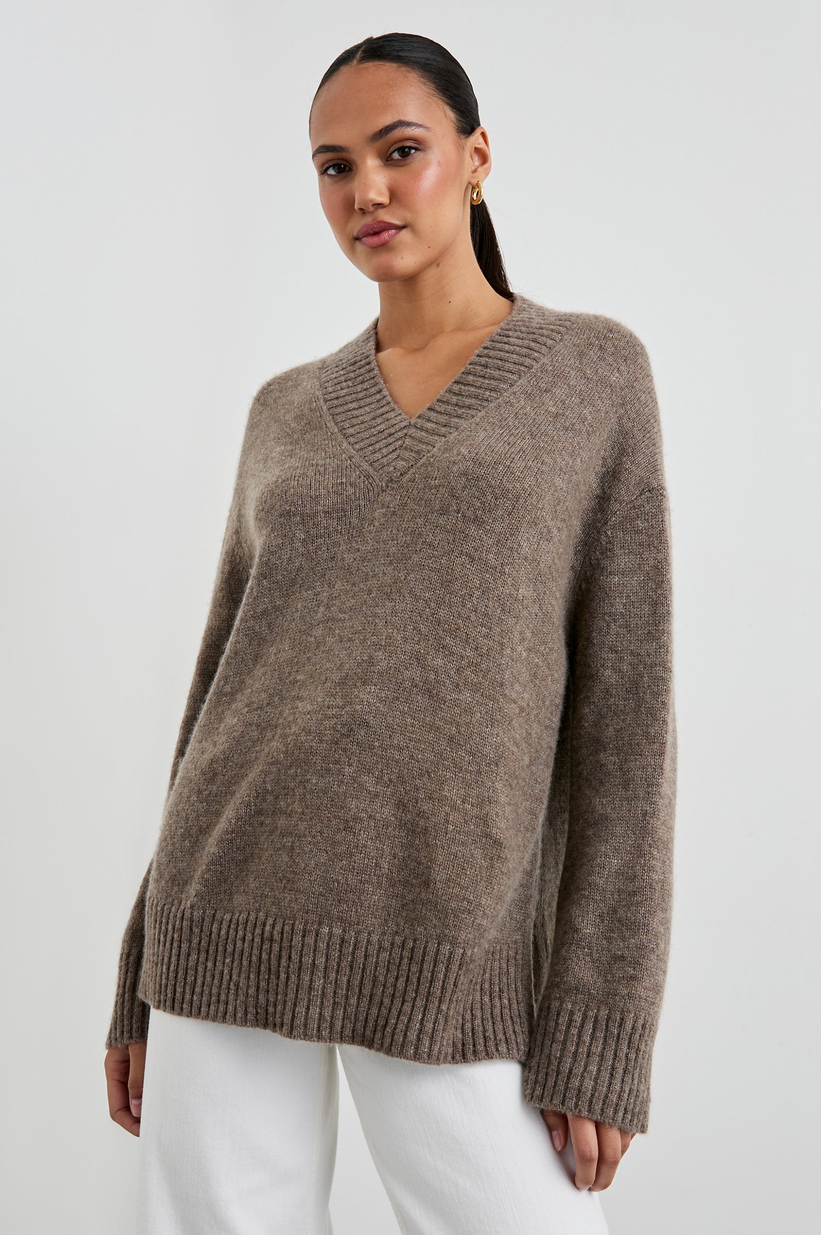 Gisella Long-Sleeve V Neck Sweater with Ribbed Trim and Side Slits in Hazelnut Colorway - Front View Featured on Model