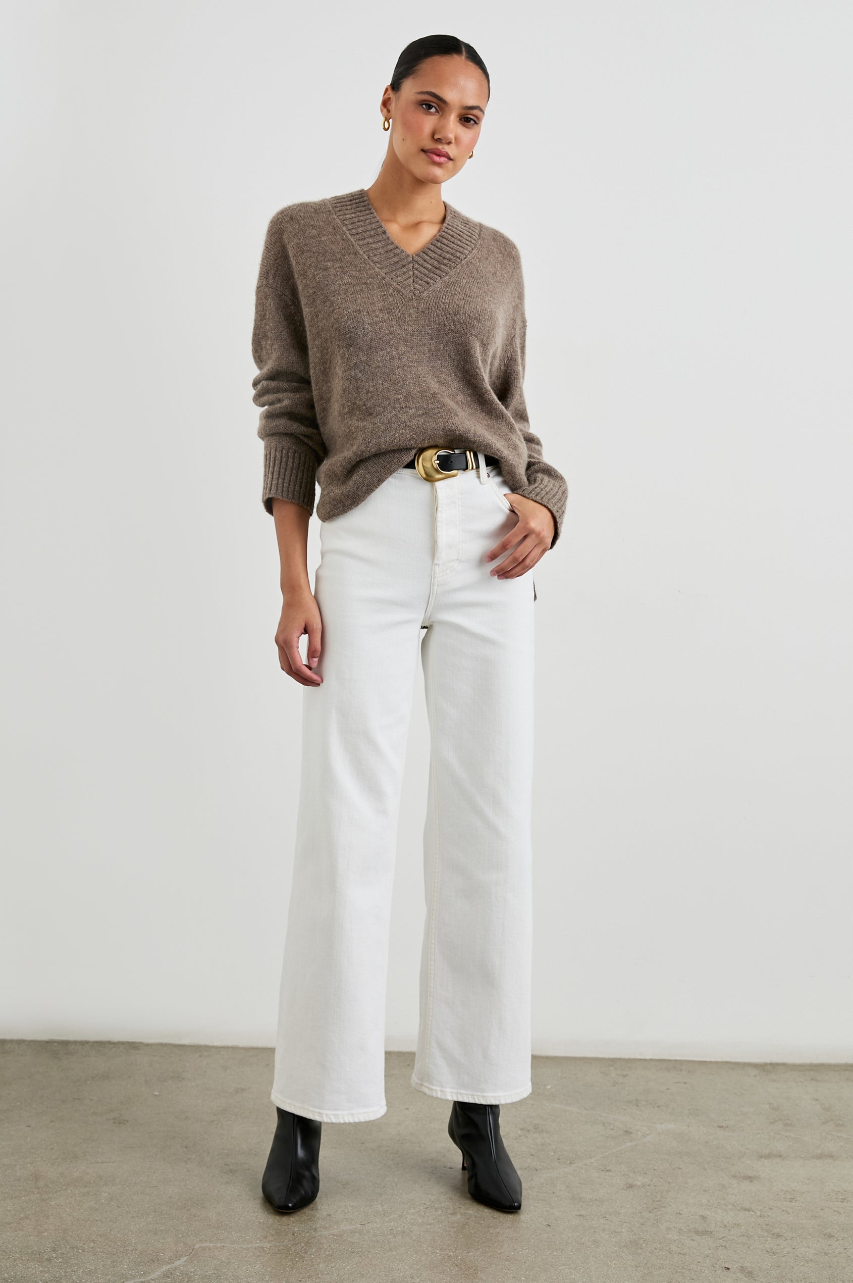 Gisella Long-Sleeve V Neck Sweater with Ribbed Trim and Side Slits in Hazelnut Colorway - Front Full Body View Featured on Model