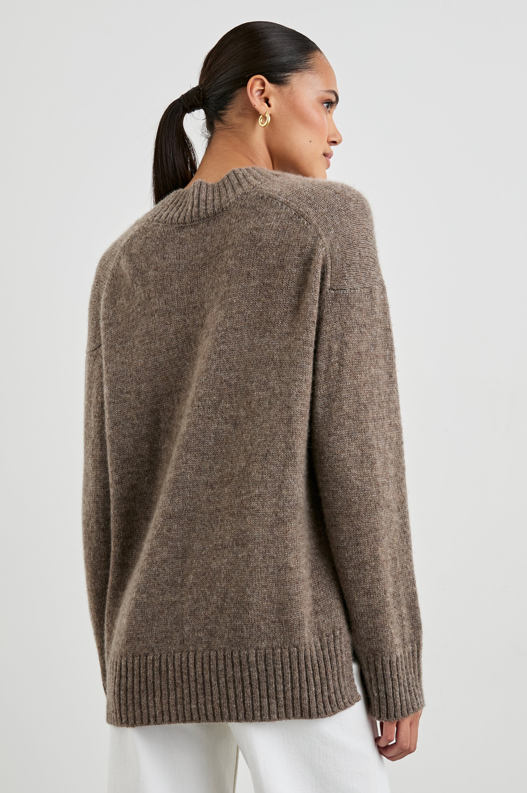 Gisella Long-Sleeve V Neck Sweater with Ribbed Trim and Side Slits in Hazelnut Colorway - Back View Featured on Model