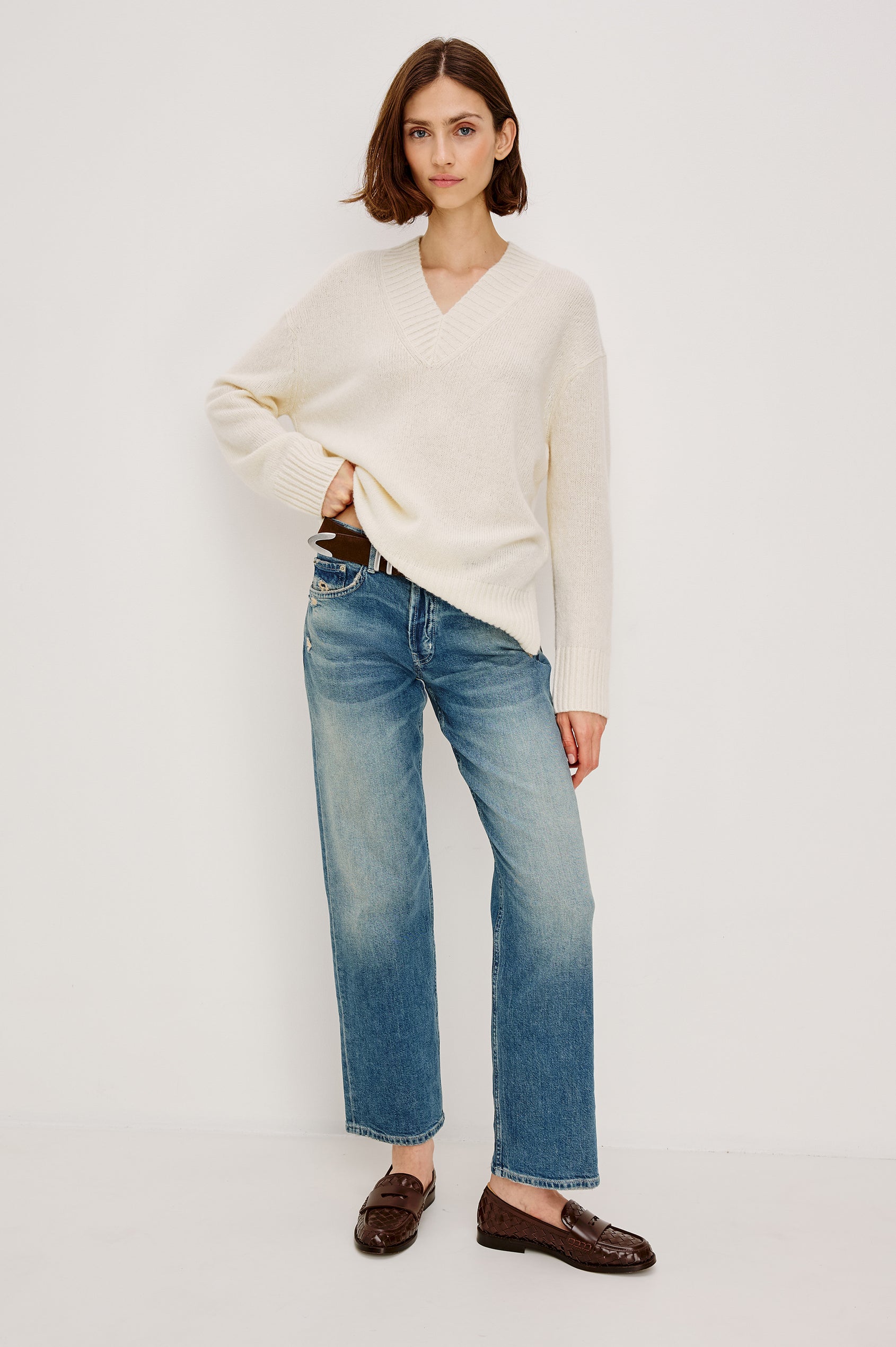 Gisella Long-Sleeve V Neck Sweater with Ribbed Trim and Side Slits in Ivory Colorway - Full Body Front View Featured on Model