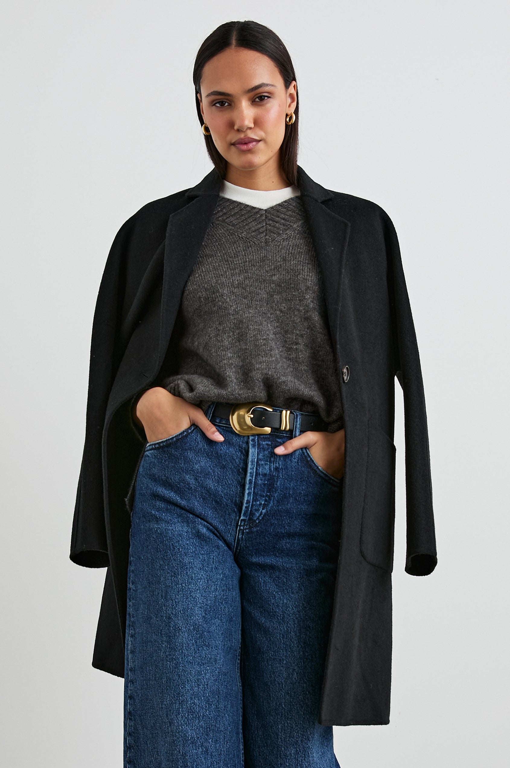 Gisella Long-Sleeve V Neck Sweater with Ribbed Trim and Side Slits in Thunder Colorway - Front View Featured on Model