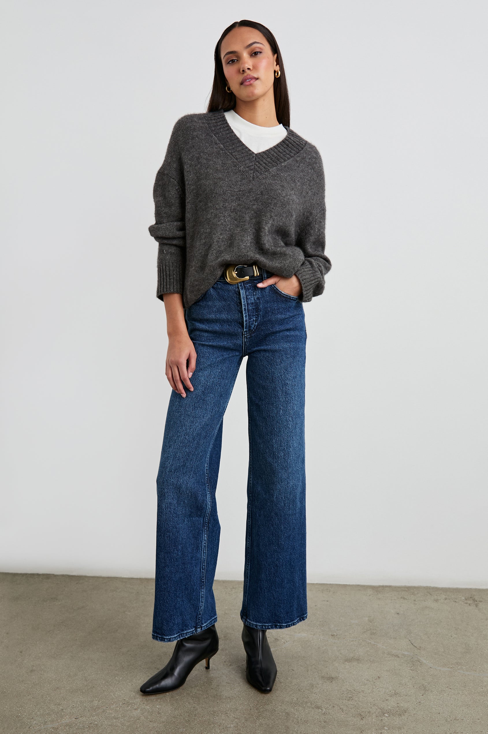 Gisella Long-Sleeve V Neck Sweater with Ribbed Trim and Side Slits in Thunder Colorway - Front Full Body View Featured on Model