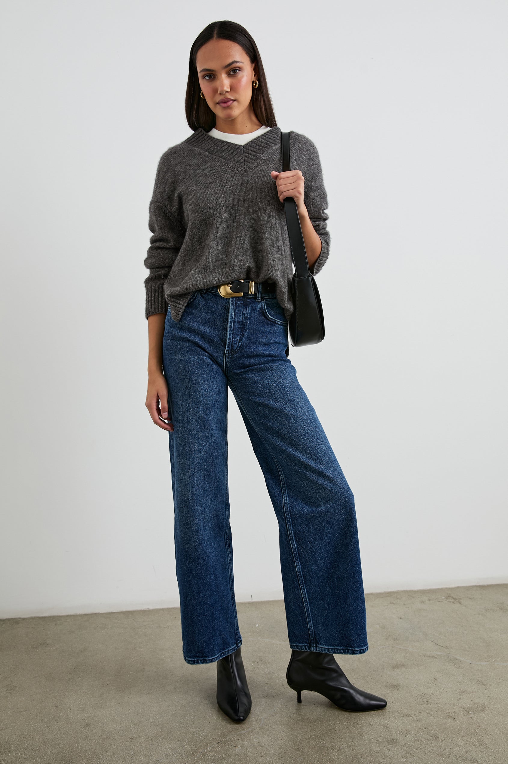 Gisella Long-Sleeve V Neck Sweater with Ribbed Trim and Side Slits in Thunder Colorway - Front Full Body View Featured on Model