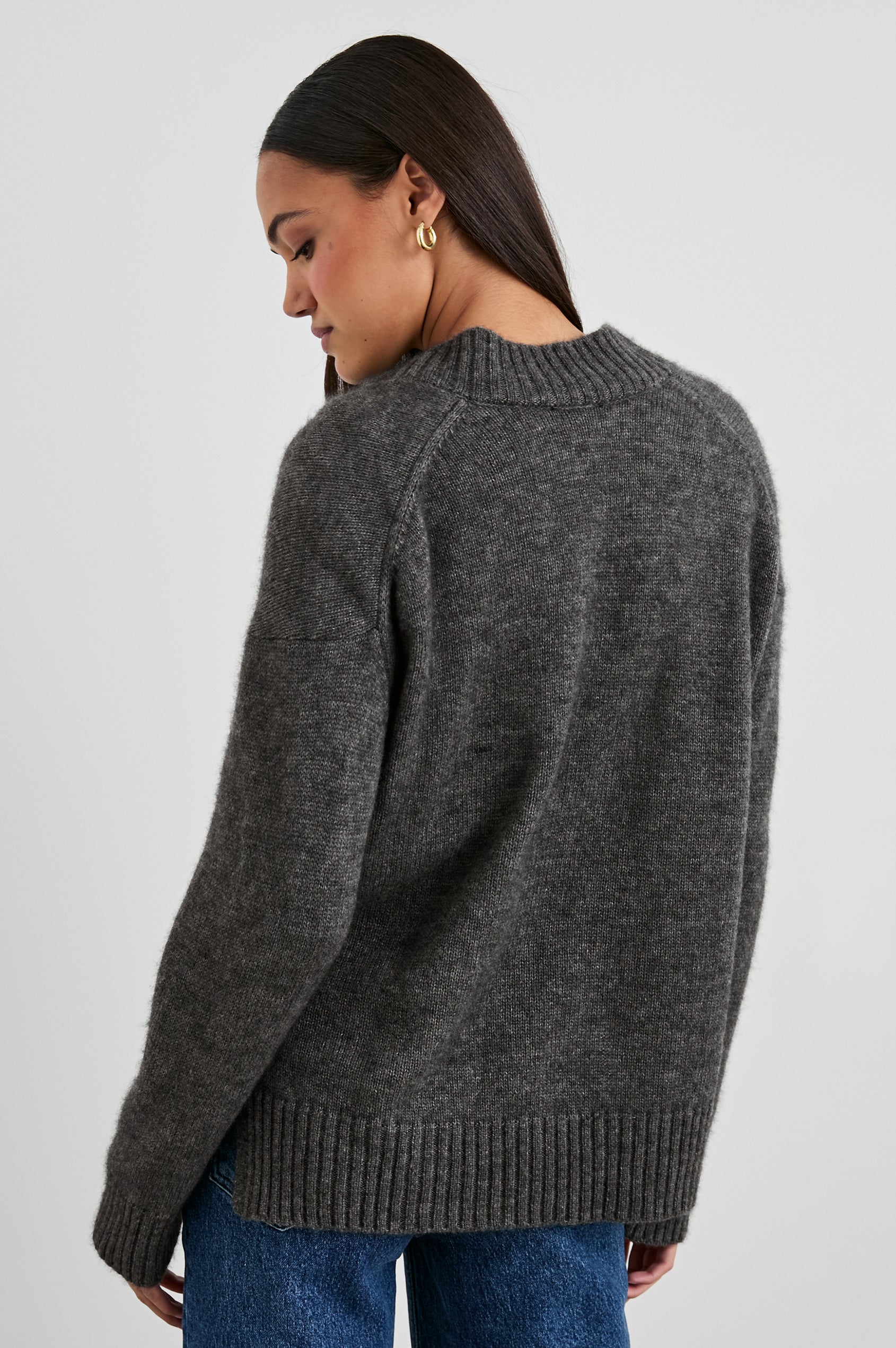 Gisella Long-Sleeve V Neck Sweater with Ribbed Trim and Side Slits in Thunder Colorway - Back View Featured on Model