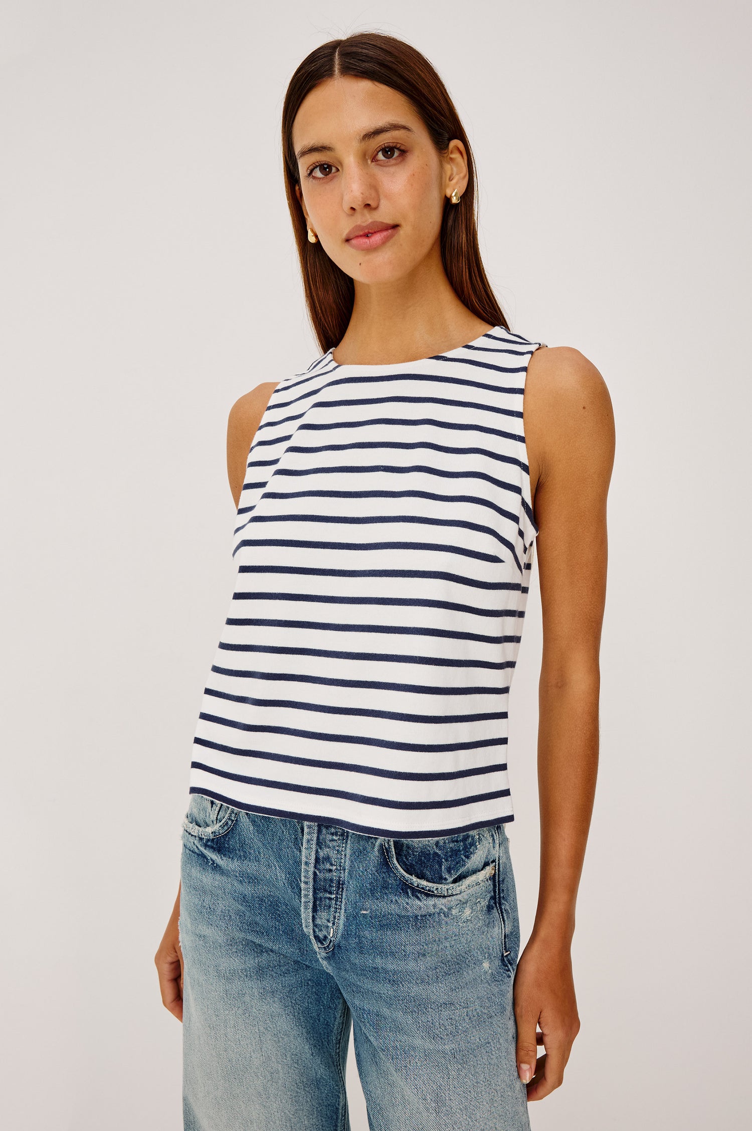 Grace Tank Top in Cotton Jersey With a Scoop Neckline and Boxy Fit in Ivory Navy Stripe - Upper Body Front View Featured on Model