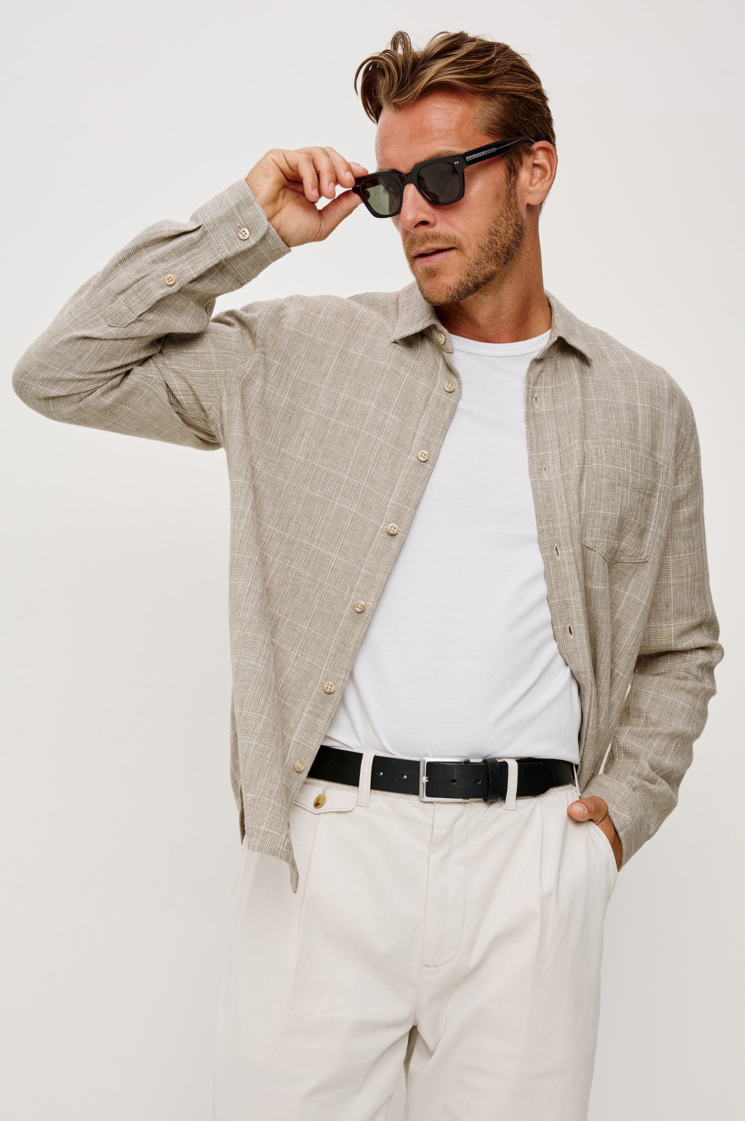 Gracy Button-Up Shirt With Long Sleeves, Collar, and Single Patch Pocket in Bulgur Cream Colorway - Upper Body Front View Featured on Model