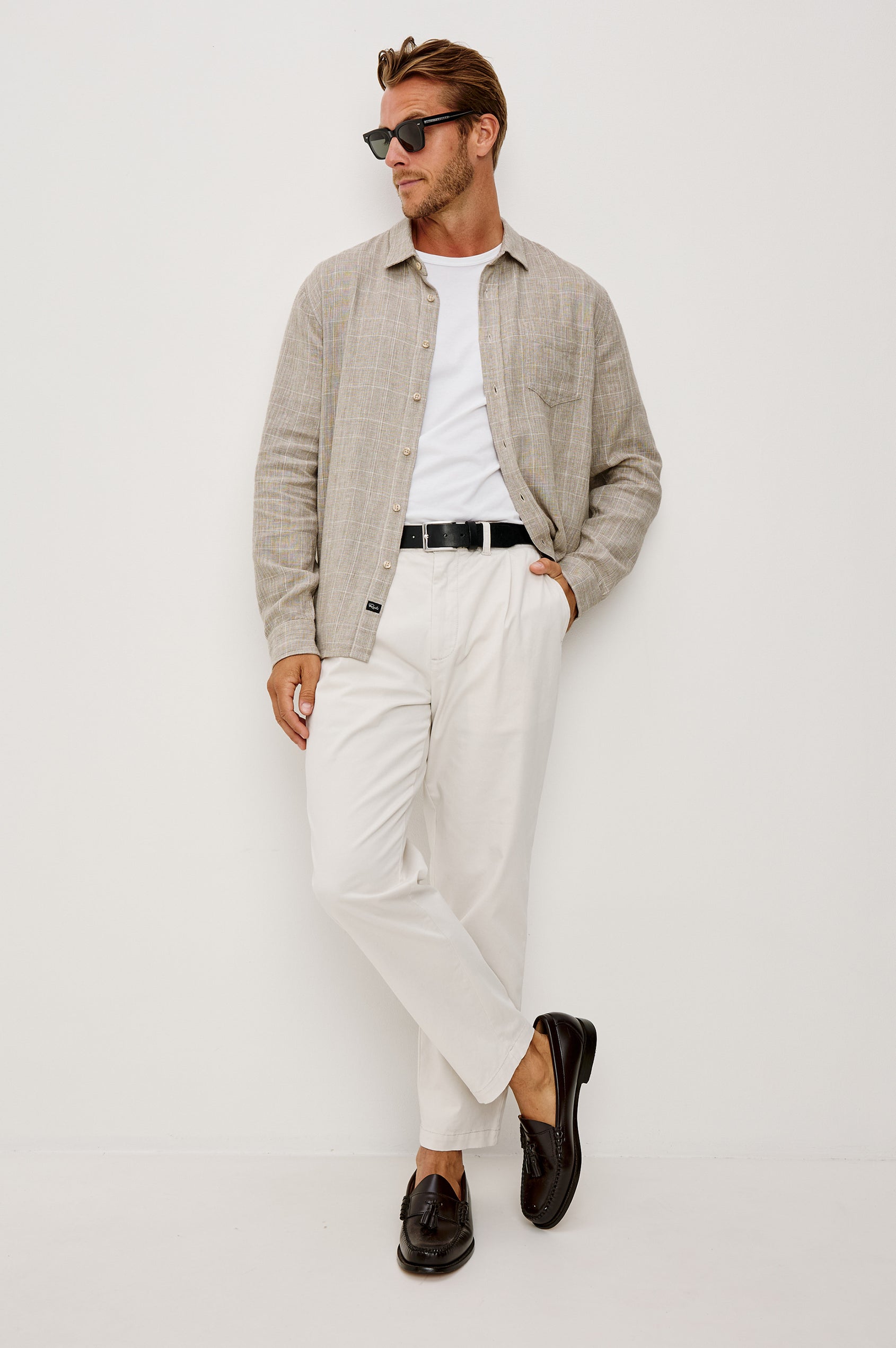 Gracy Button-Up Shirt With Long Sleeves, Collar, and Single Patch Pocket in Bulgur Cream Colorway - Full Body Front View Featured on Model