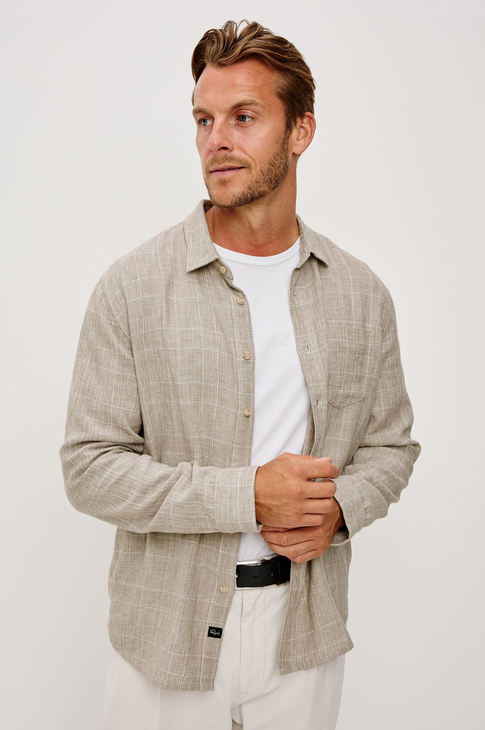 Gracy Button-Up Shirt With Long Sleeves, Collar, and Single Patch Pocket in Bulgur Cream Colorway - Upper Body Front View Featured on Model