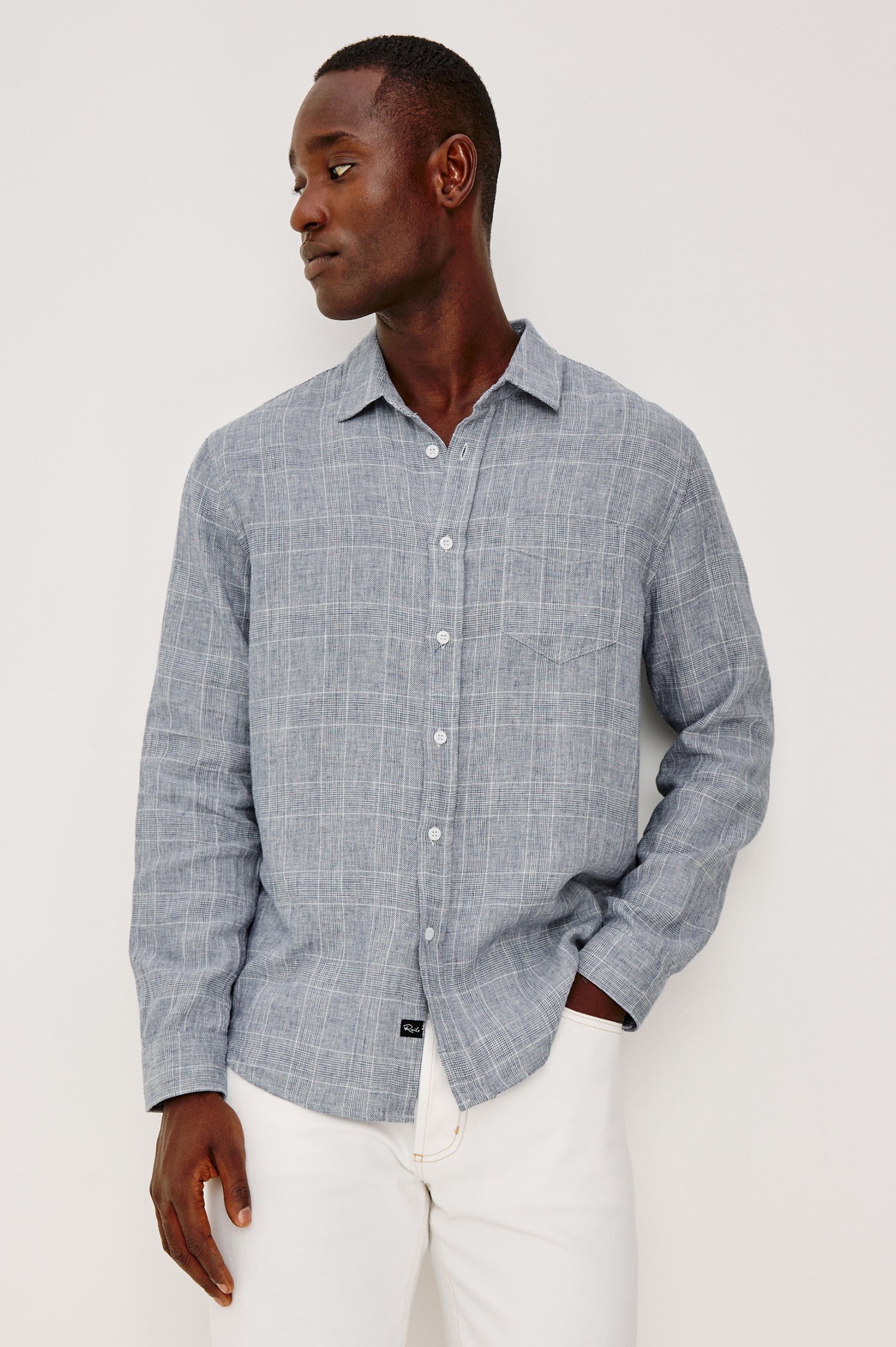 Gracy Collared Button Front Shirt in Linen Cotton Blend With Chest Patch Pocket and Long Sleeves in Navy White Colorway - Upper Body Front View Featured on Model