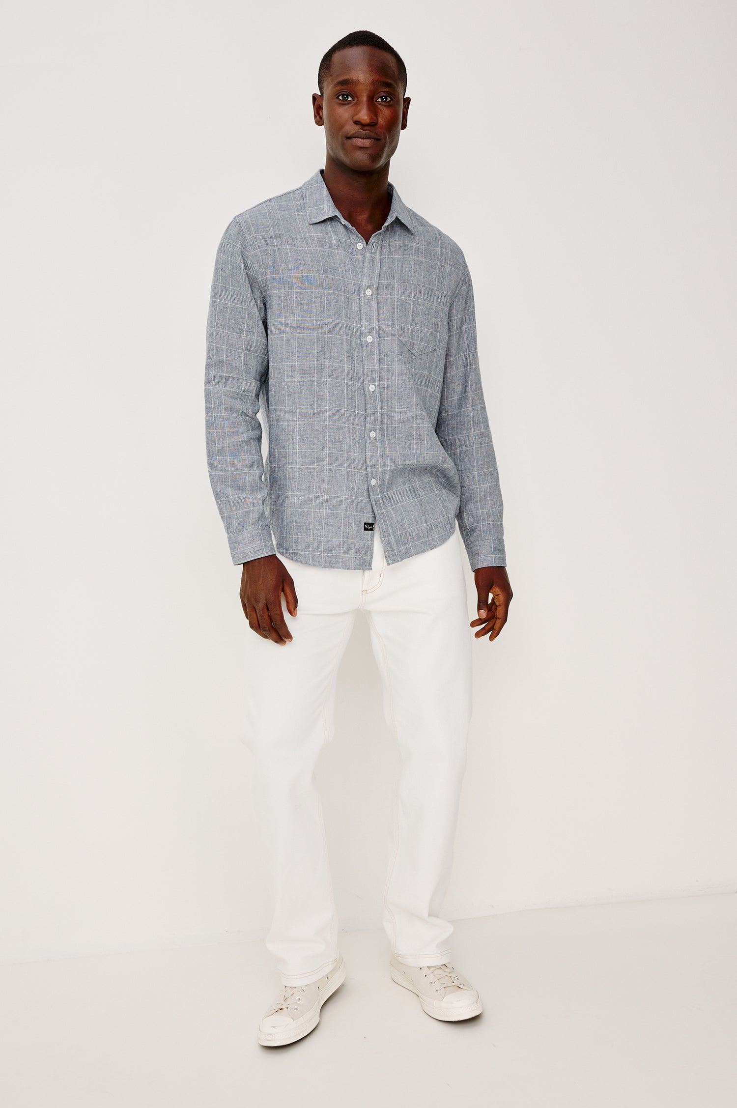 Gracy Collared Button Front Shirt in Linen Cotton Blend With Chest Patch Pocket and Long Sleeves in Navy White Colorway - Full Body Front View Featured on Model