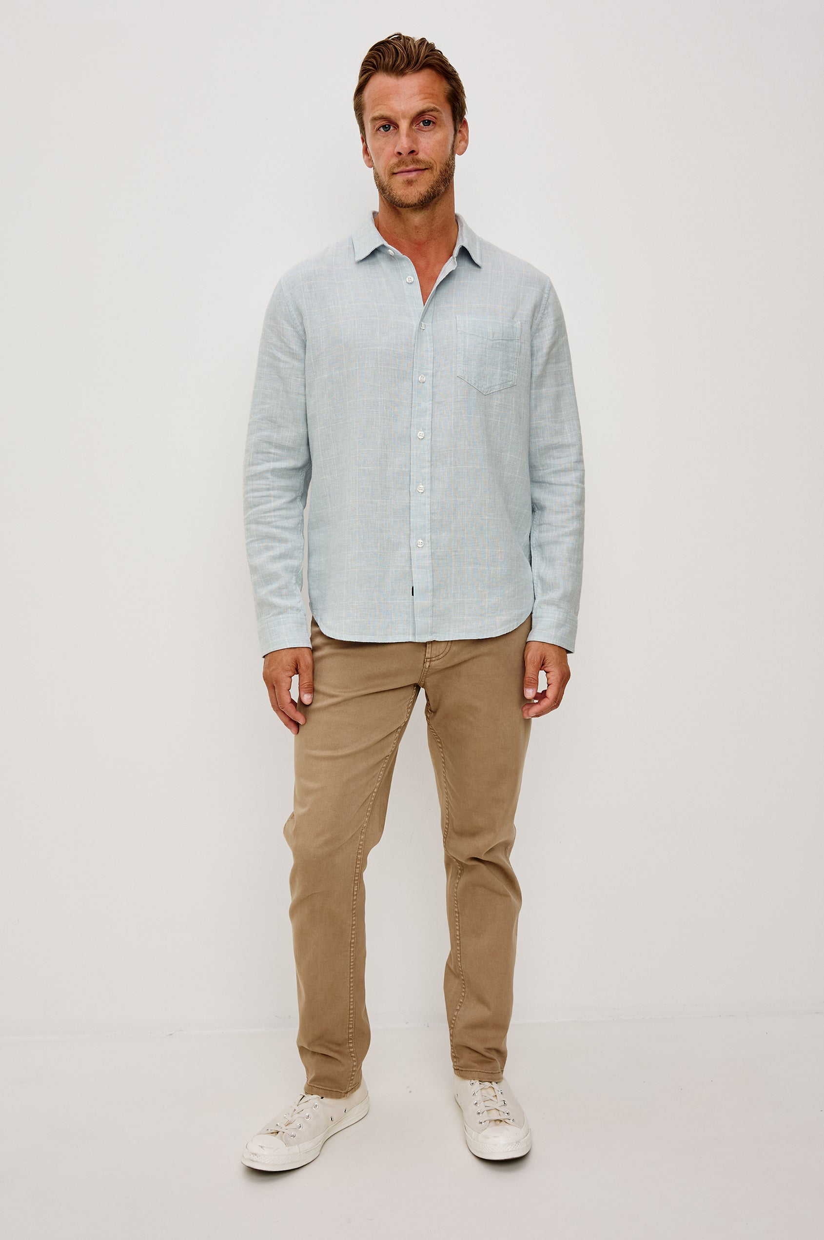 Gracy Button-Up Shirt With Long Sleeves, Collar, and Single Patch Pocket in Bulgur Cream Colorway - Full Body Front View Featured on Model