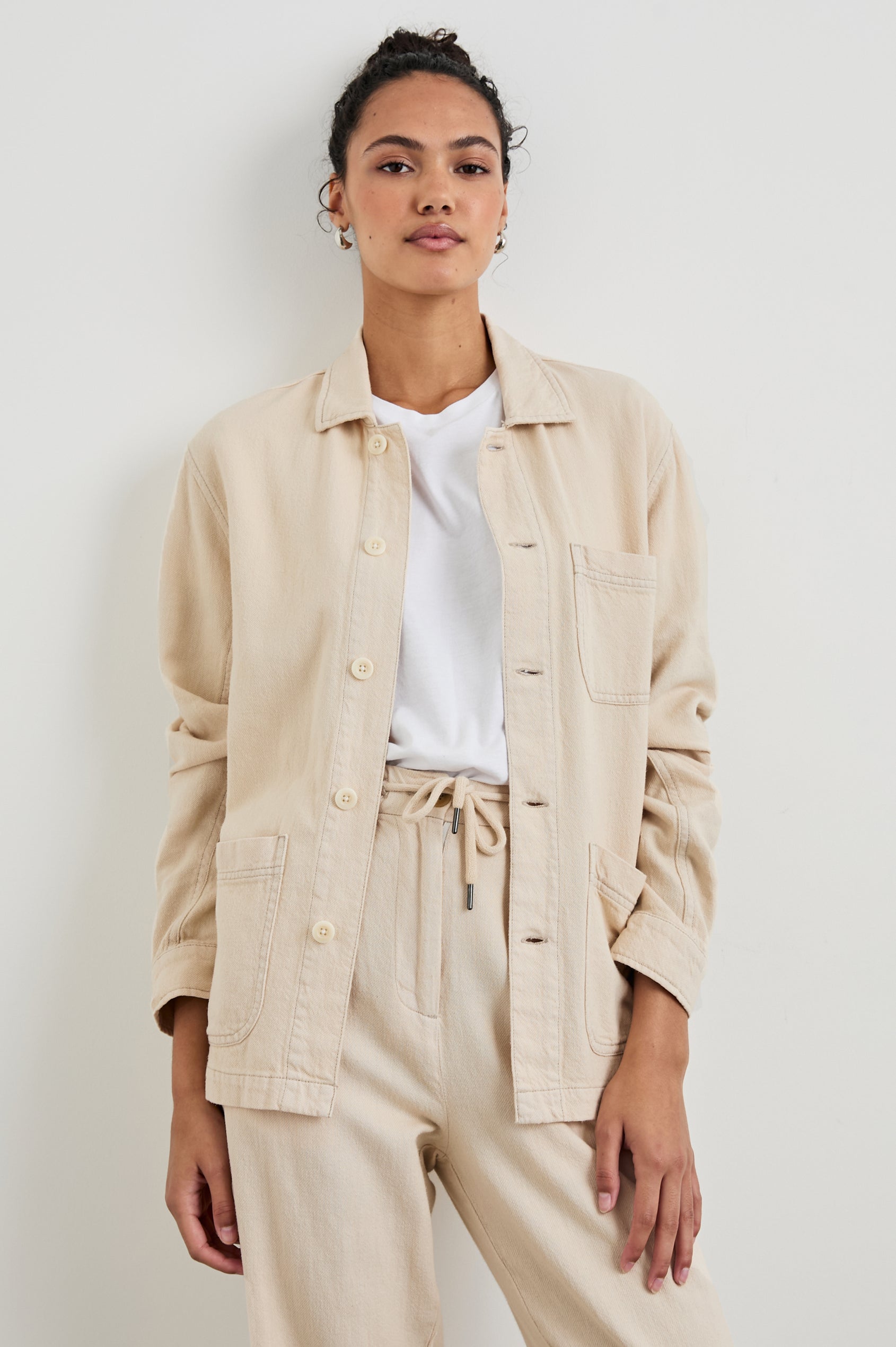 Gwen Jacket with Button Closure, Two Front Patch Pockets and a Chest Patch Pocket in Stone Colorway - Front View Featured on Model 