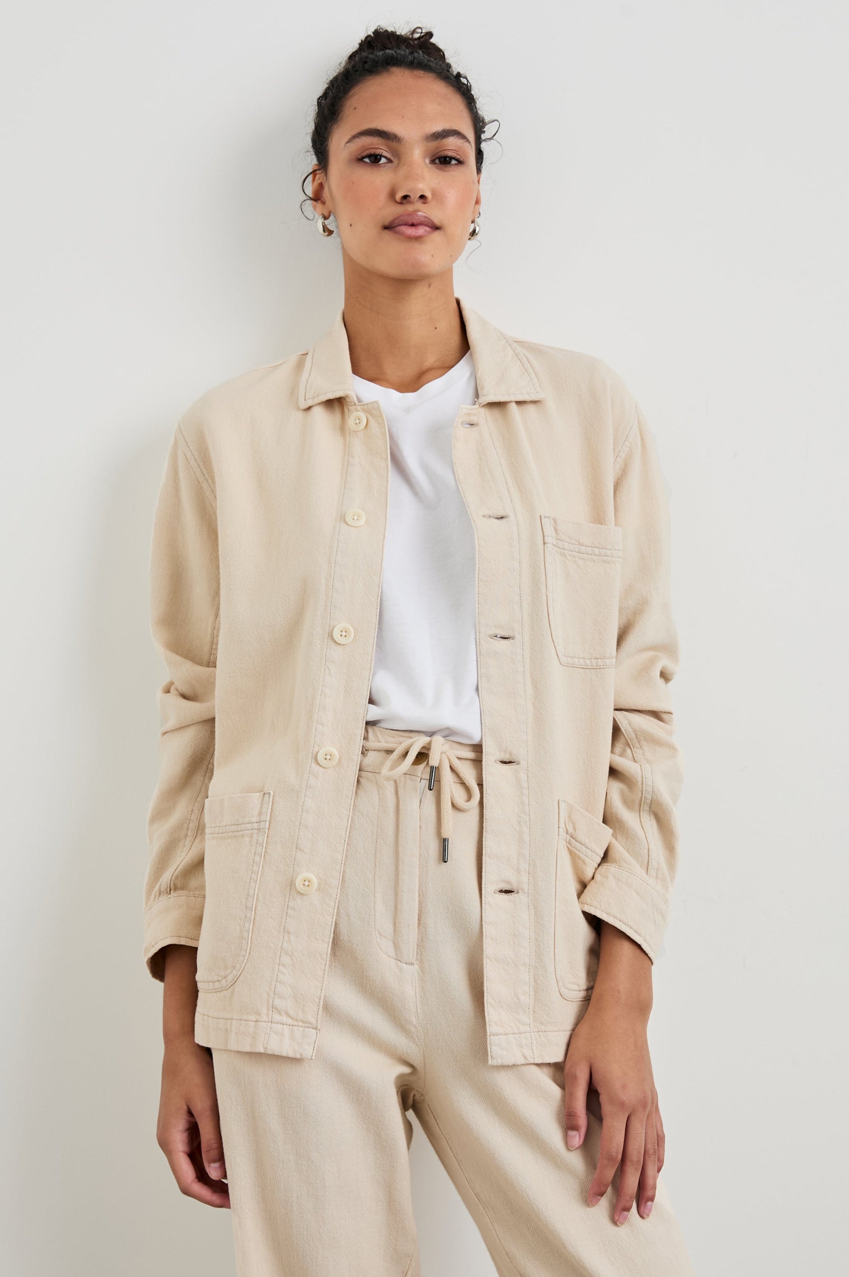 Gwen Jacket with Button Closure, Two Front Patch Pockets and a Chest Patch Pocket in Stone Colorway - Front View Featured on Model 