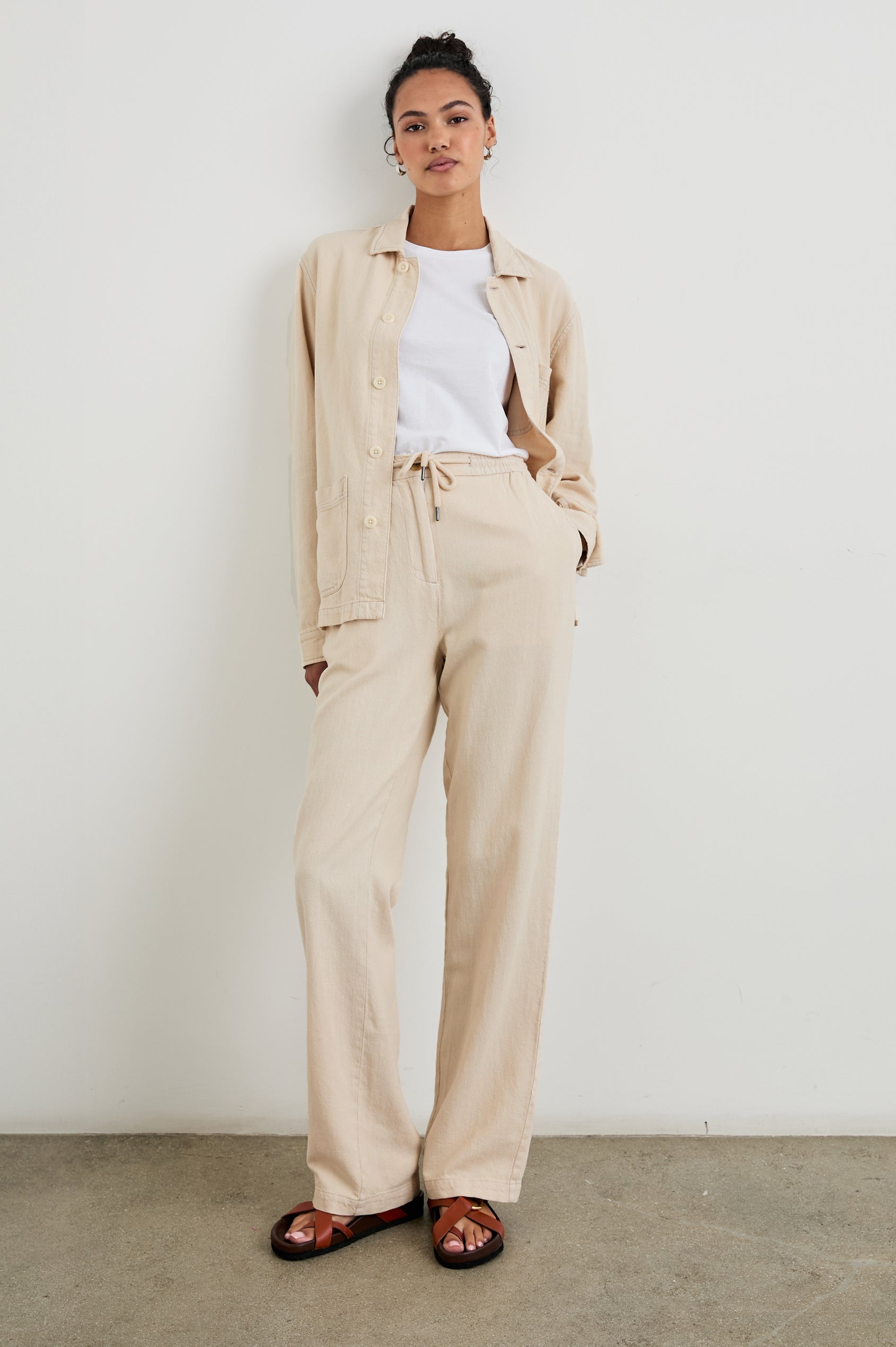 Gwen Jacket with Button Closure, Two Front Patch Pockets and a Chest Patch Pocket in Stone Colorway - Front Full Body View Featured on Model 