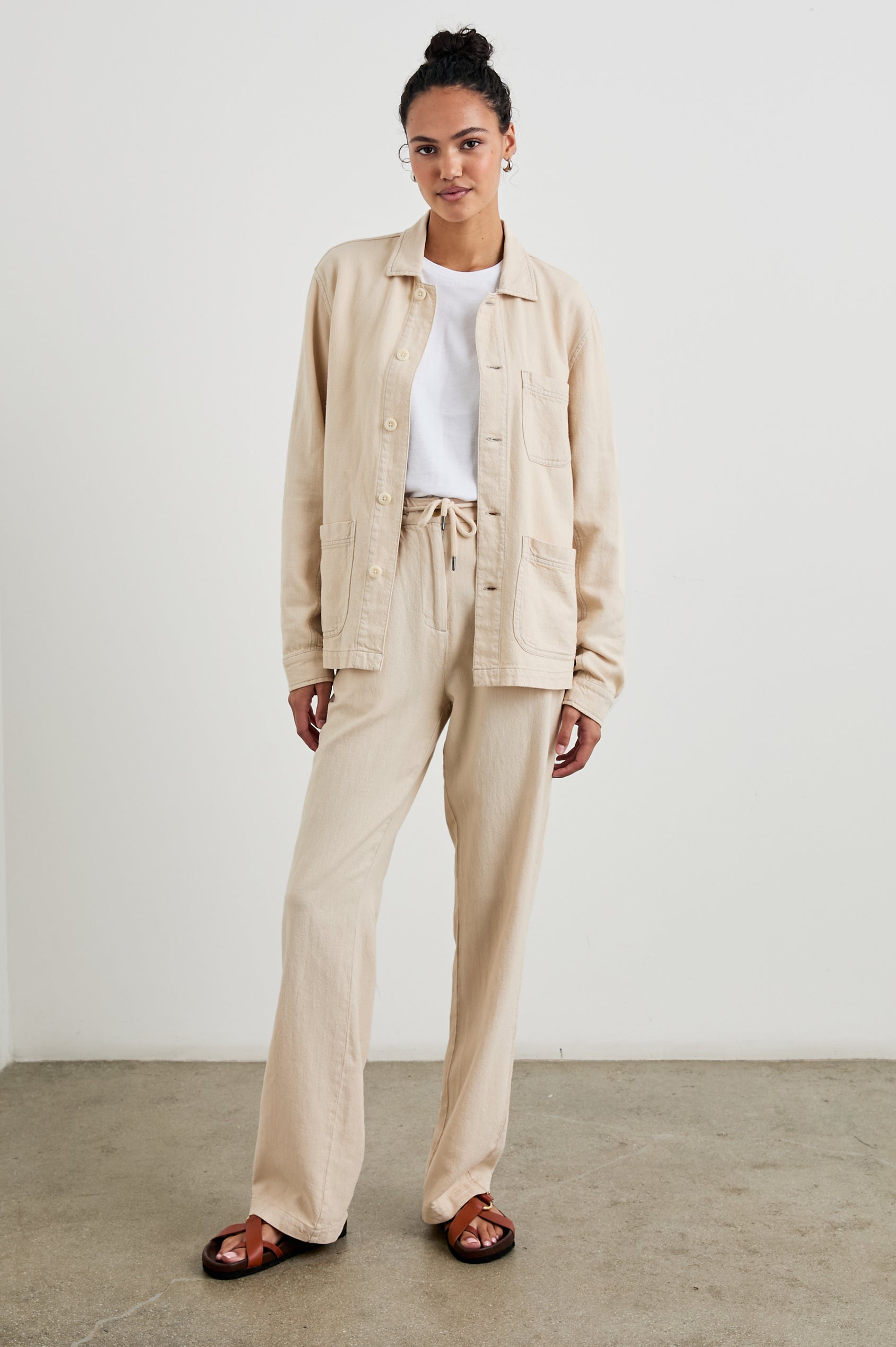 Gwen Jacket with Button Closure, Two Front Patch Pockets and a Chest Patch Pocket in Stone Colorway - Front Full Body View Featured on Model 