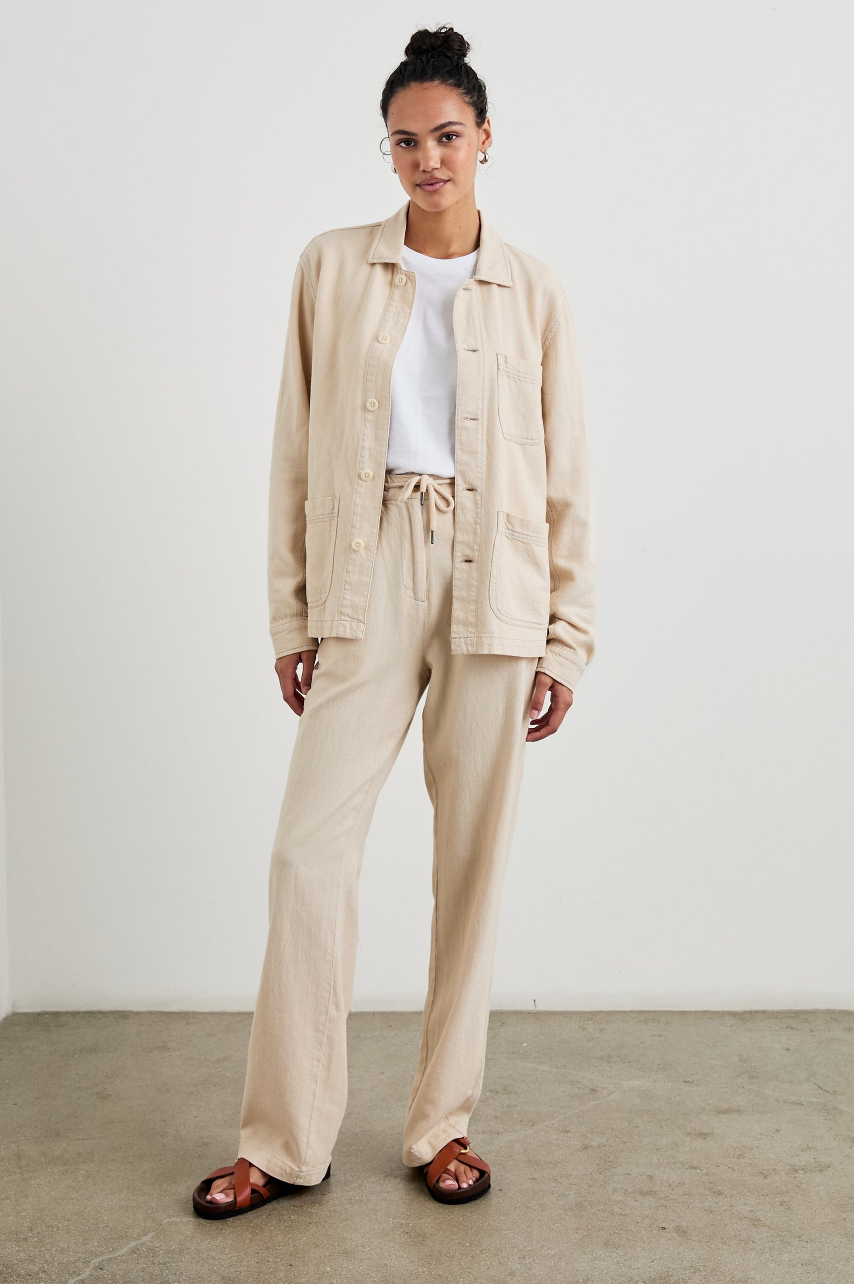 Gwen Jacket with Button Closure, Two Front Patch Pockets and a Chest Patch Pocket in Stone Colorway - Front Full Body View Featured on Model 