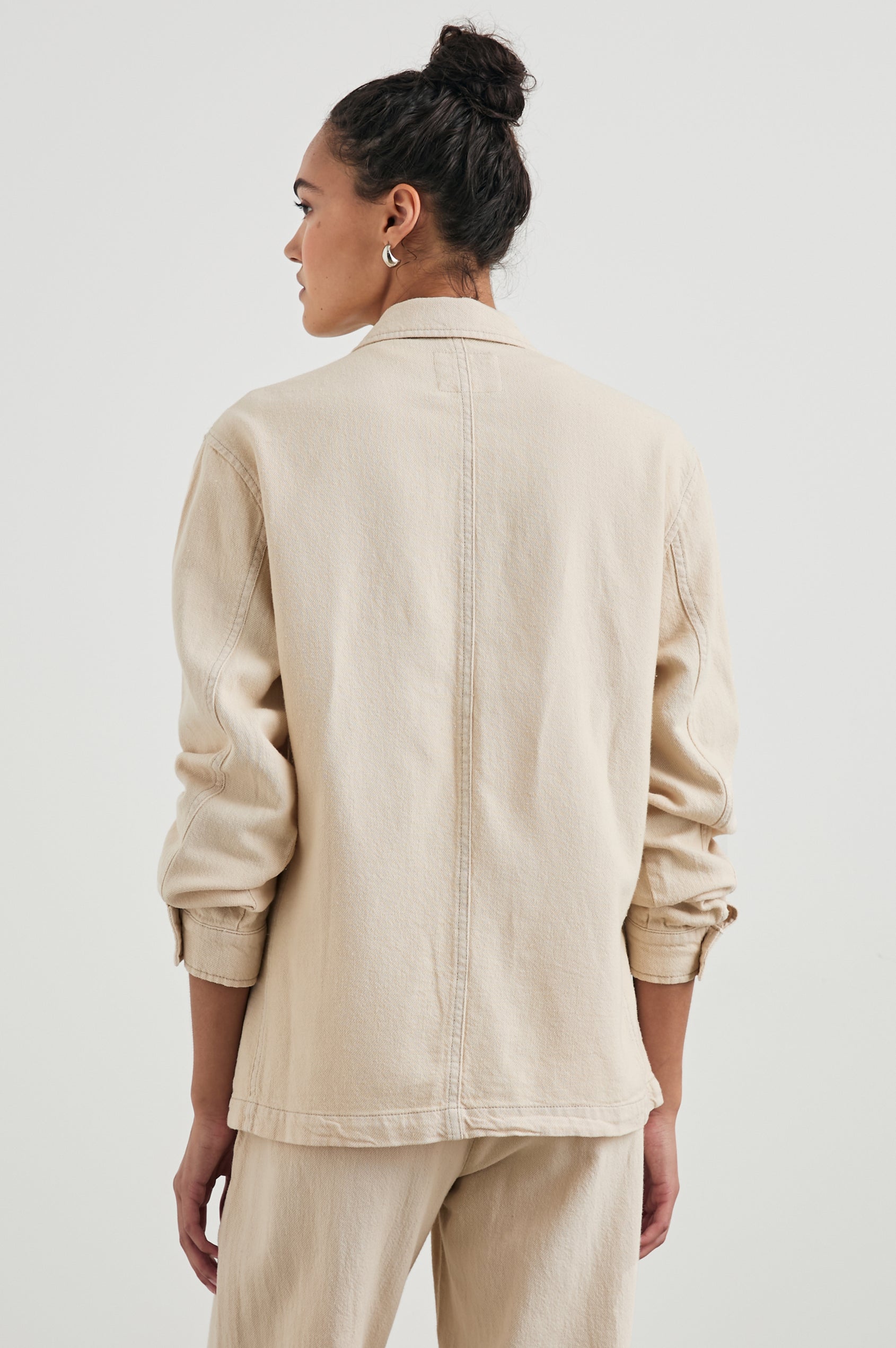 Gwen Jacket with Button Closure, Two Front Patch Pockets and a Chest Patch Pocket in Stone Colorway - Back View Featured on Model 