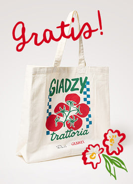 Tote bag with tomato design and text on a white background