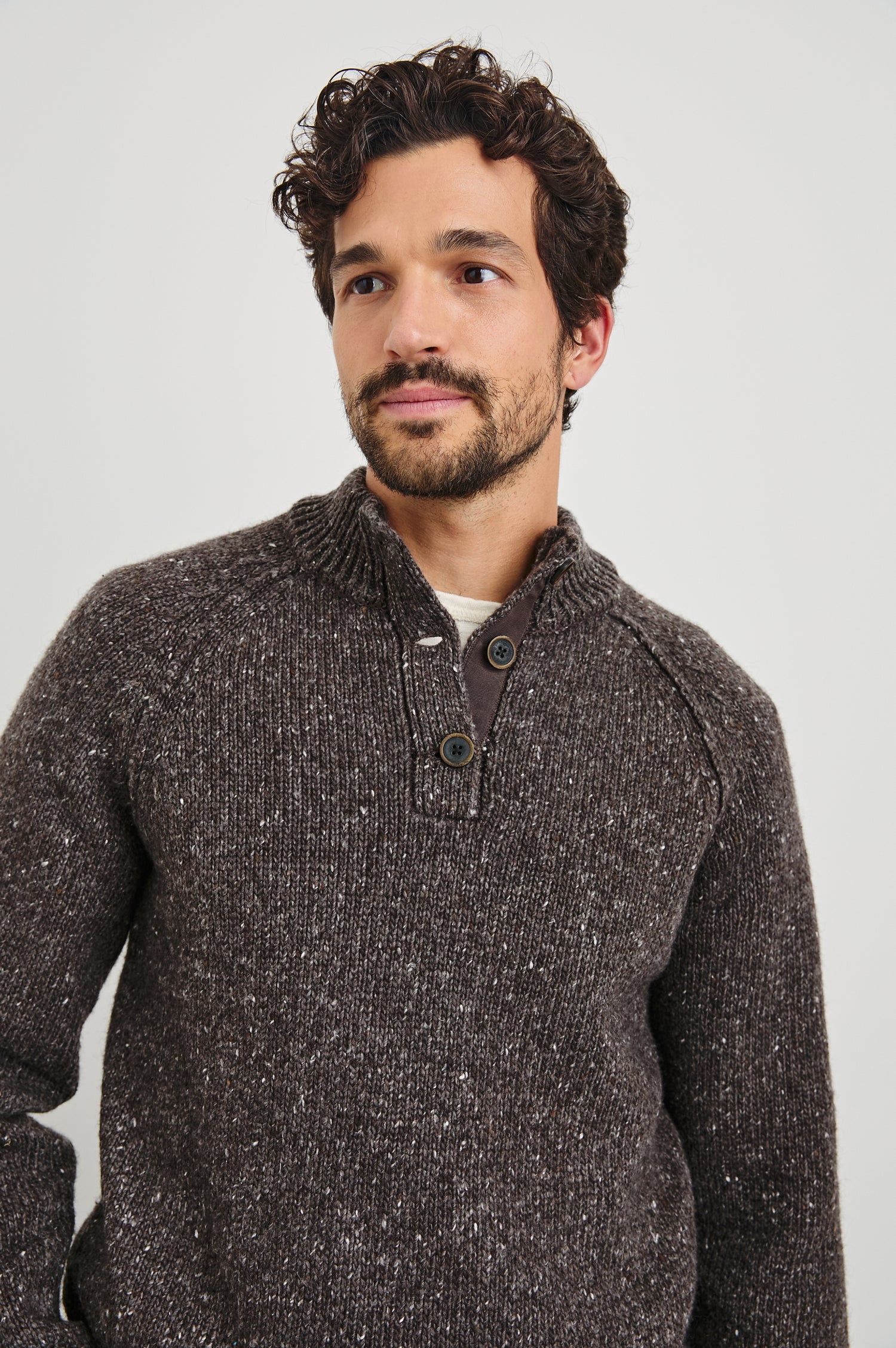 Harding Long-Sleeve Sweater with a Three-Button Half Placket, a Mock Neck and Ribbed Trim in Carob Colorway - Front View Featured on Model