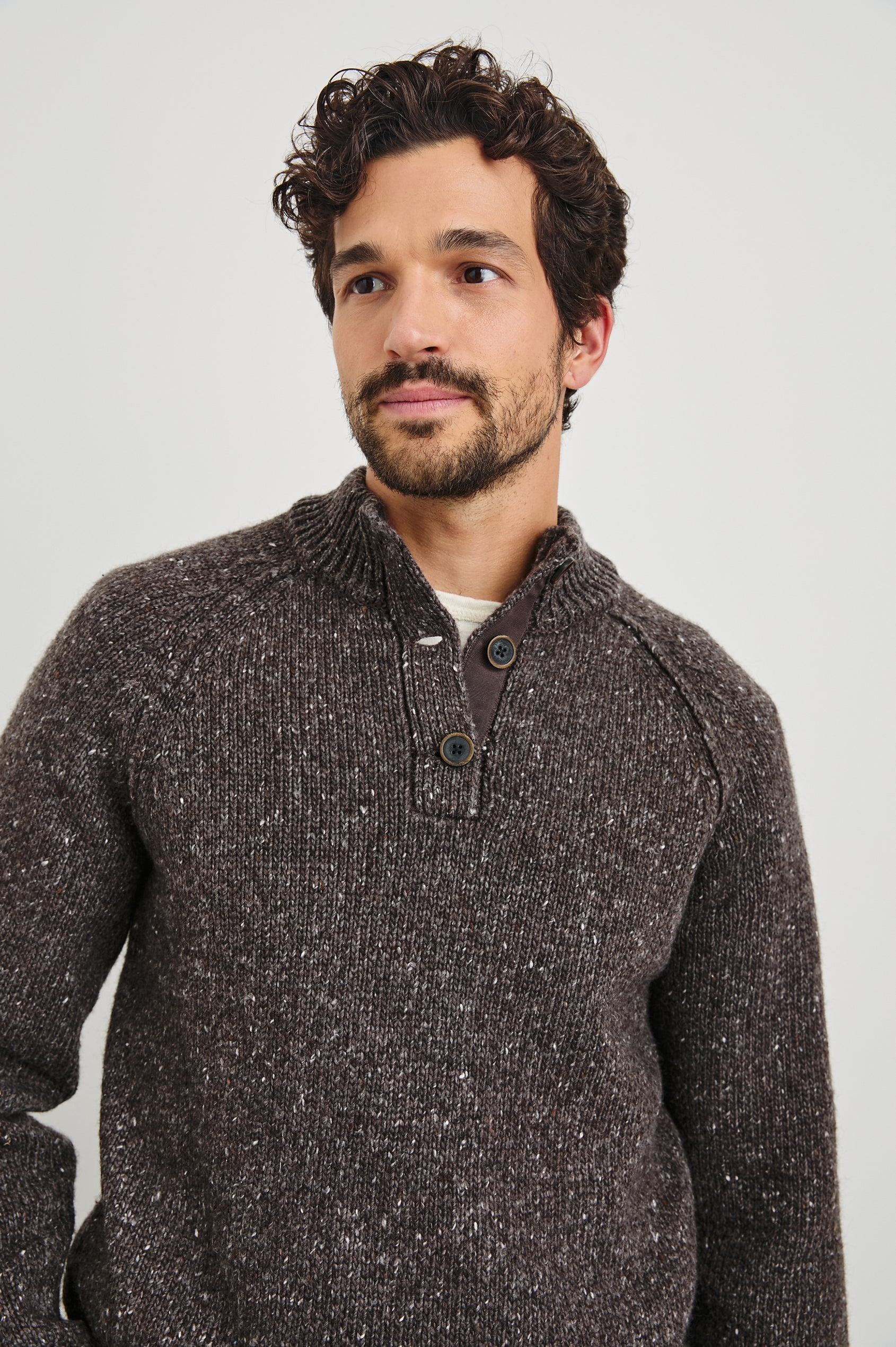 Harding Long-Sleeve Sweater with a Three-Button Half Placket, a Mock Neck and Ribbed Trim in Carob Colorway - Front View Featured on Model