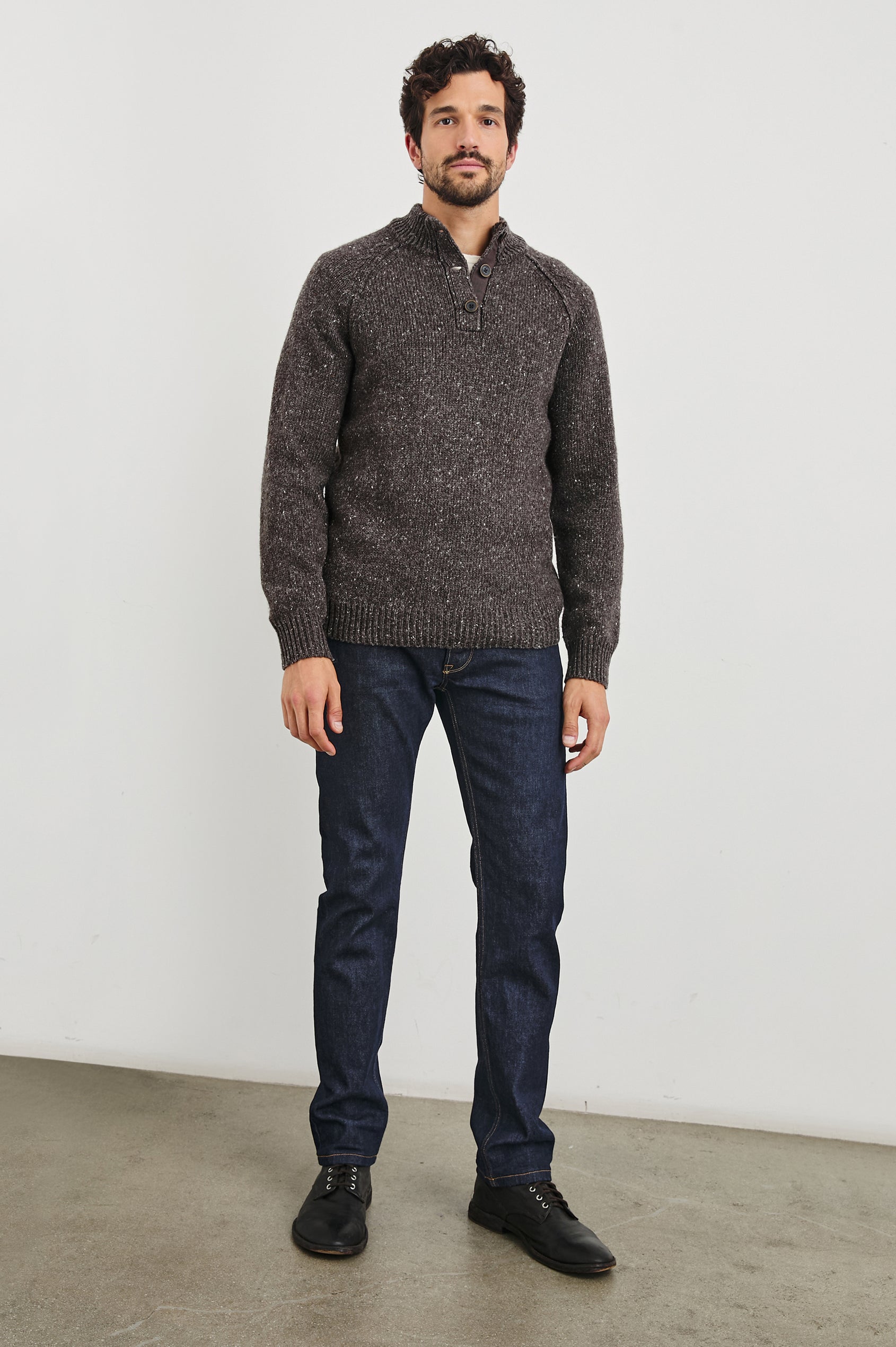 Harding Long-Sleeve Sweater with a Three-Button Half Placket, a Mock Neck and Ribbed Trim in Carob Colorway - Front Full Body View Featured on Model