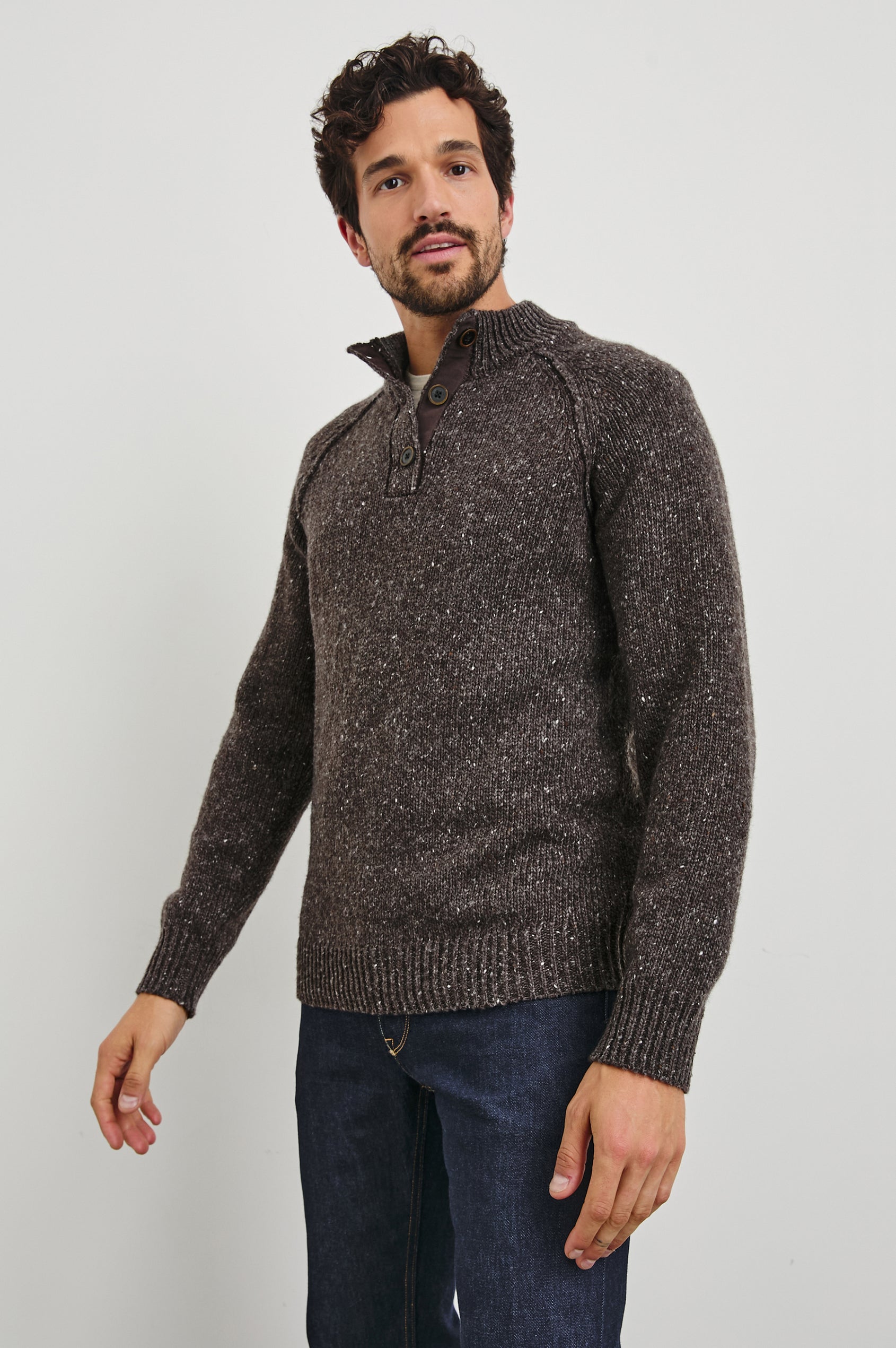 Harding Long-Sleeve Sweater with a Three-Button Half Placket, a Mock Neck and Ribbed Trim in Carob Colorway - Front View Featured on Model
