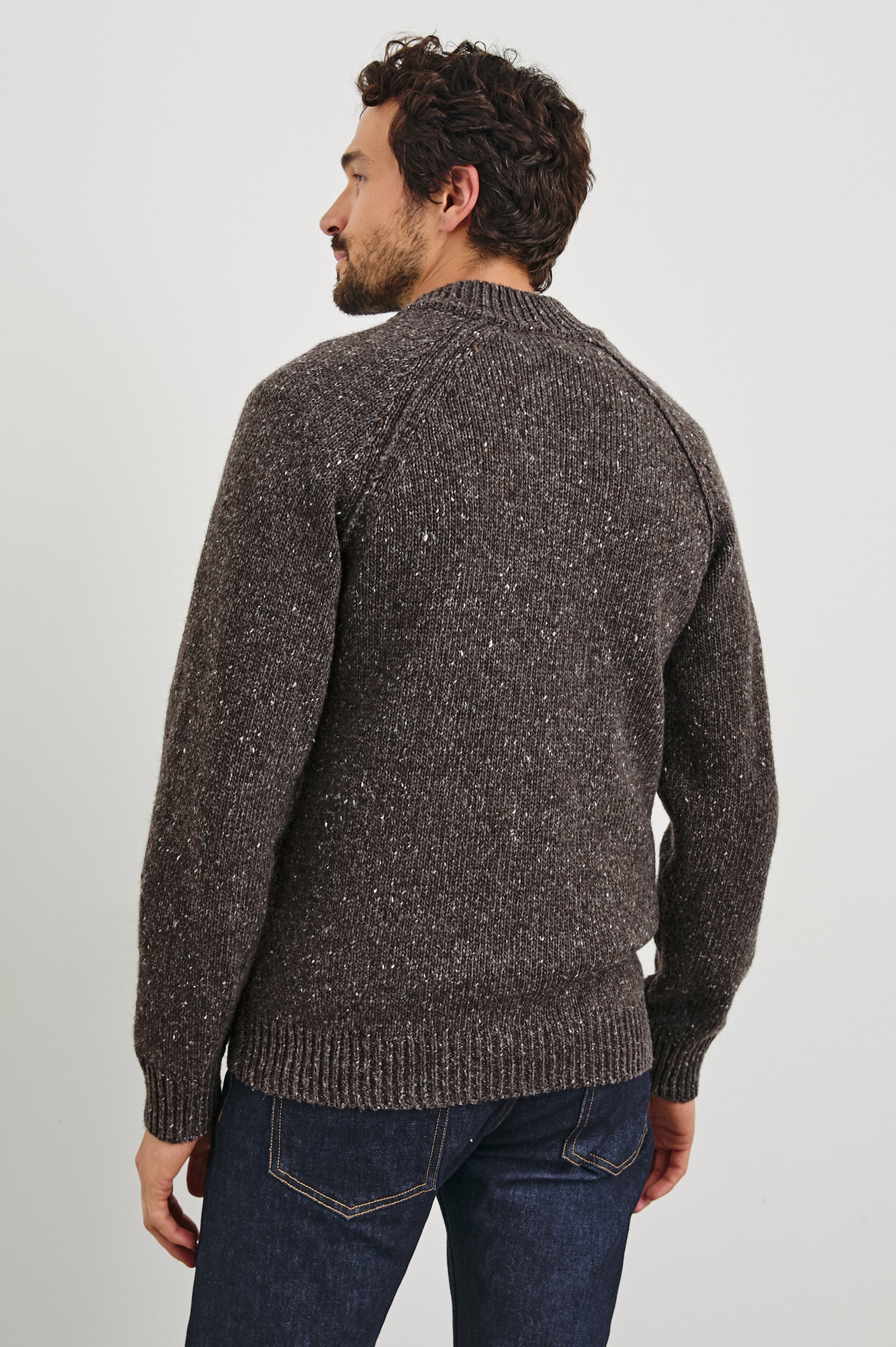 Harding Long-Sleeve Sweater with a Three-Button Half Placket, a Mock Neck and Ribbed Trim in Carob Colorway - Back View Featured on Model