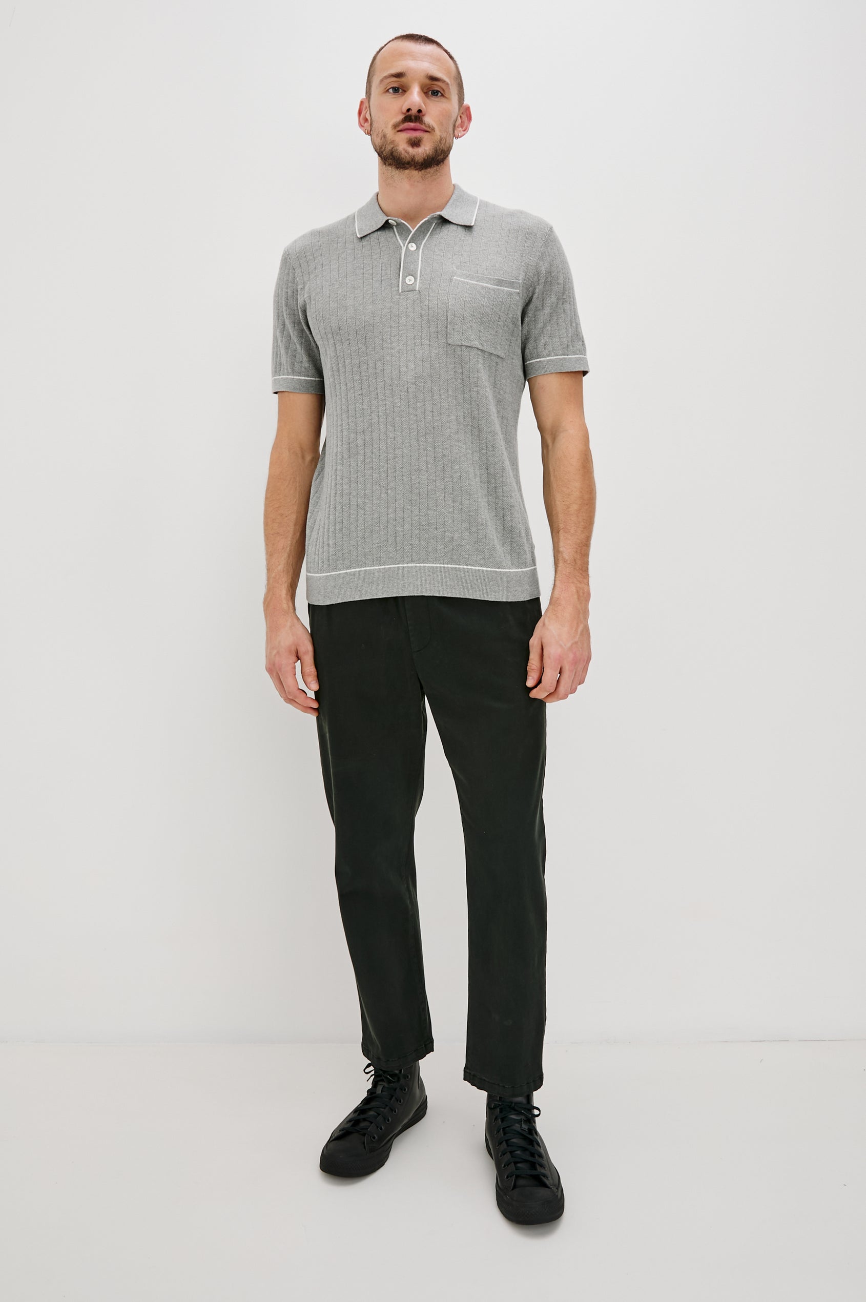 Hardy short sleeve cotton rib polo with chest pocket, two button placket and contrast stitching in Grey Melange - full body front view on model