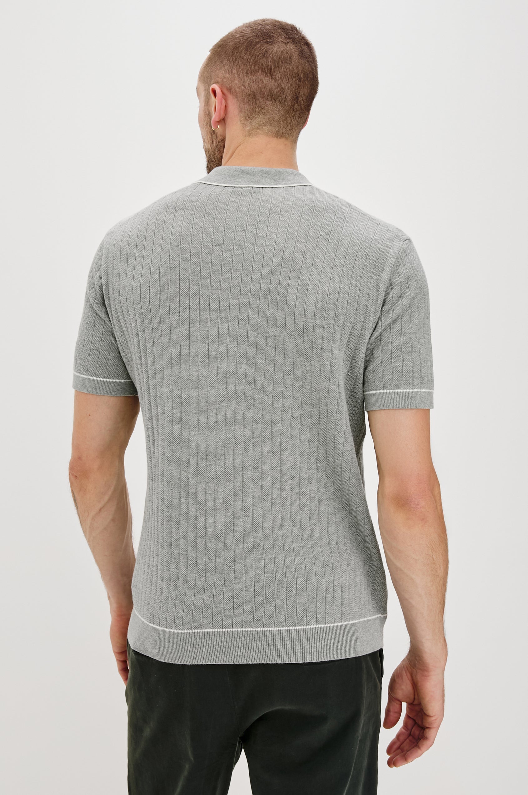 Hardy short sleeve cotton rib polo with chest pocket, two button placket and contrast stitching in Grey Melange - back view on model