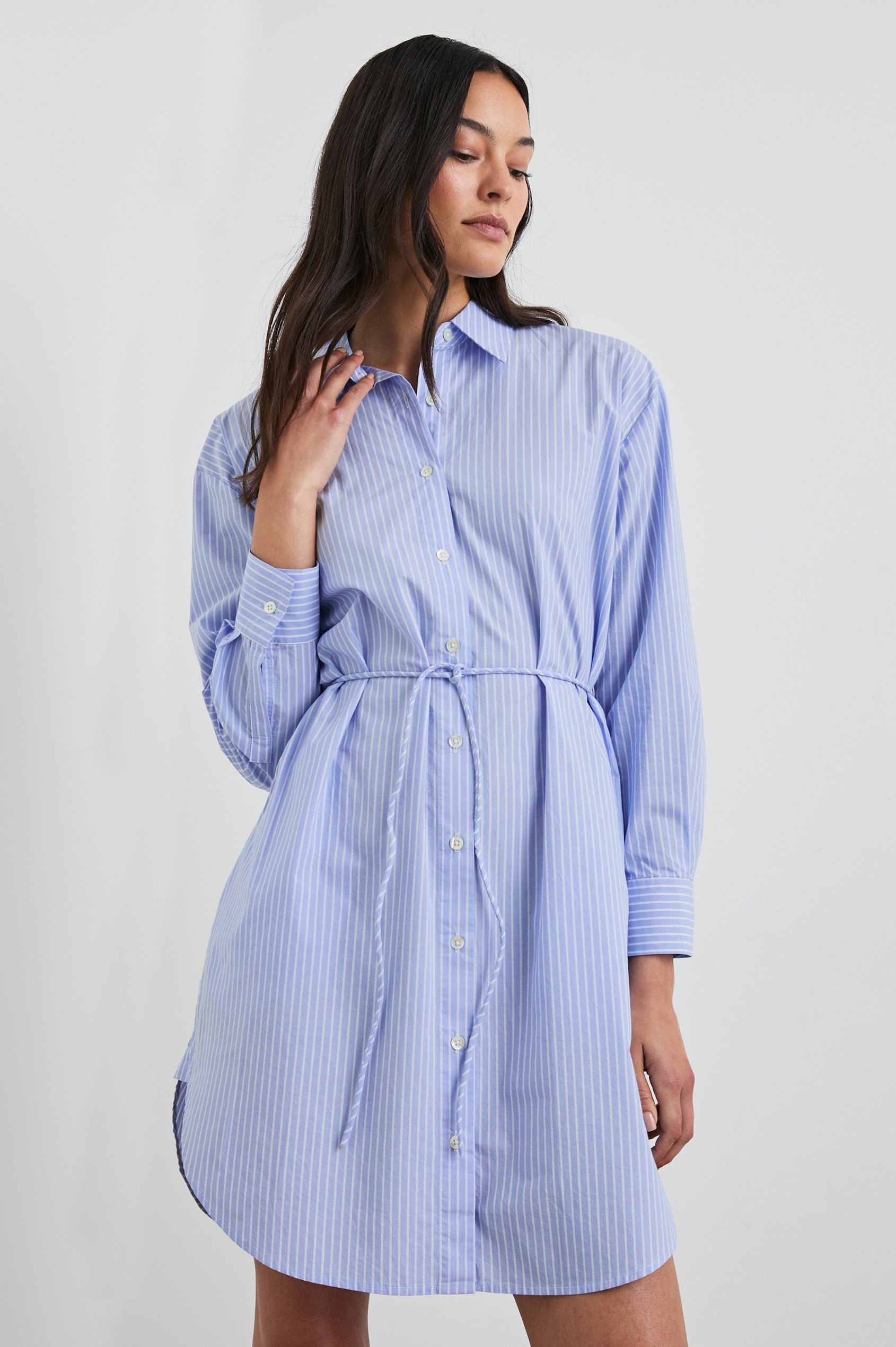 Harmony Long-Sleeve Mini Dress with Buttons Down the Front, Buttoned Cuffs, a Collar, Side Slits and a Tie at the Waist in Oxford White Stripe Colorway, Vertical Blue and White Stripes - Front View Featured on Model