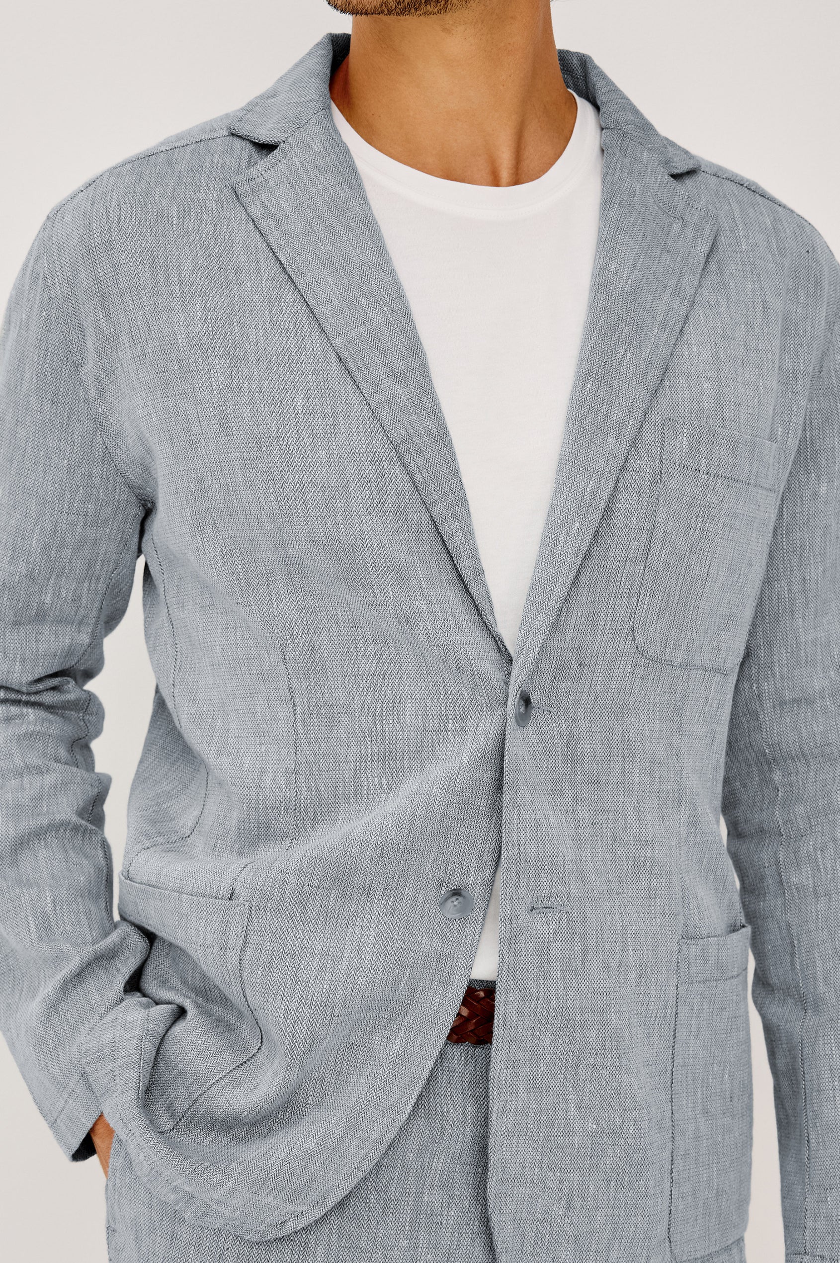 Harris Blazer in Cotton-Linen Blend With Single-Breasted Buttons, Straight Fit, Notched Lapels, and Front Patch Pockets in Bicoastal Blue Colorway - Upper Body Front View Featured on Model