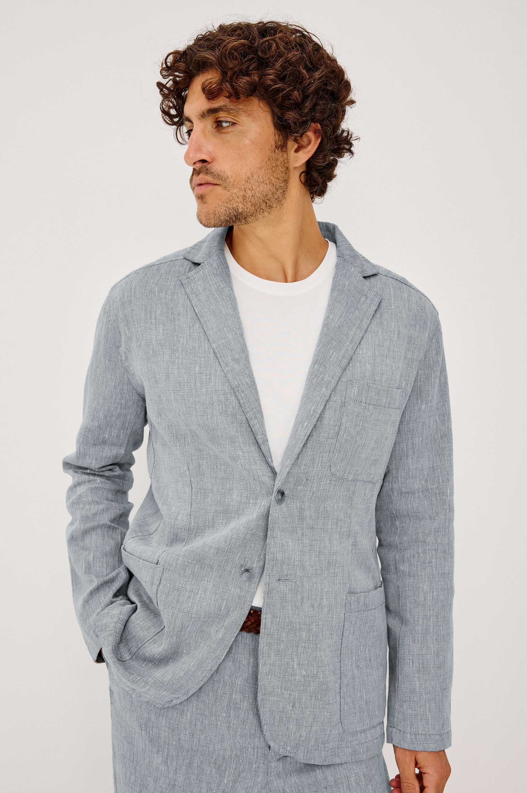 Harris Blazer in Cotton-Linen Blend With Single-Breasted Buttons, Straight Fit, Notched Lapels, and Front Patch Pockets in Bicoastal Blue Colorway - Upper Body Front View Featured on Model