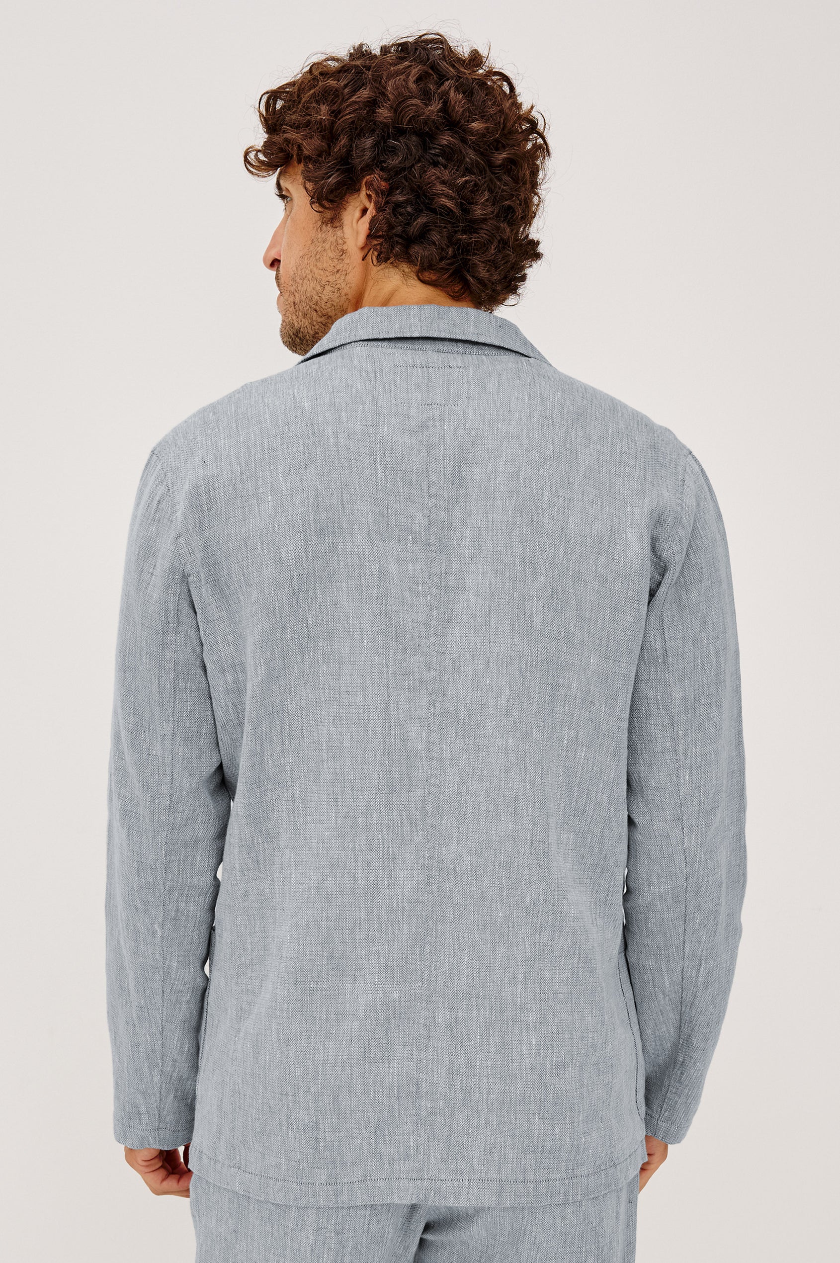 Harris Blazer in Cotton-Linen Blend With Single-Breasted Buttons, Straight Fit, Notched Lapels, and Front Patch Pockets in Bicoastal Blue Colorway - Upper Body Back View Featured on Model