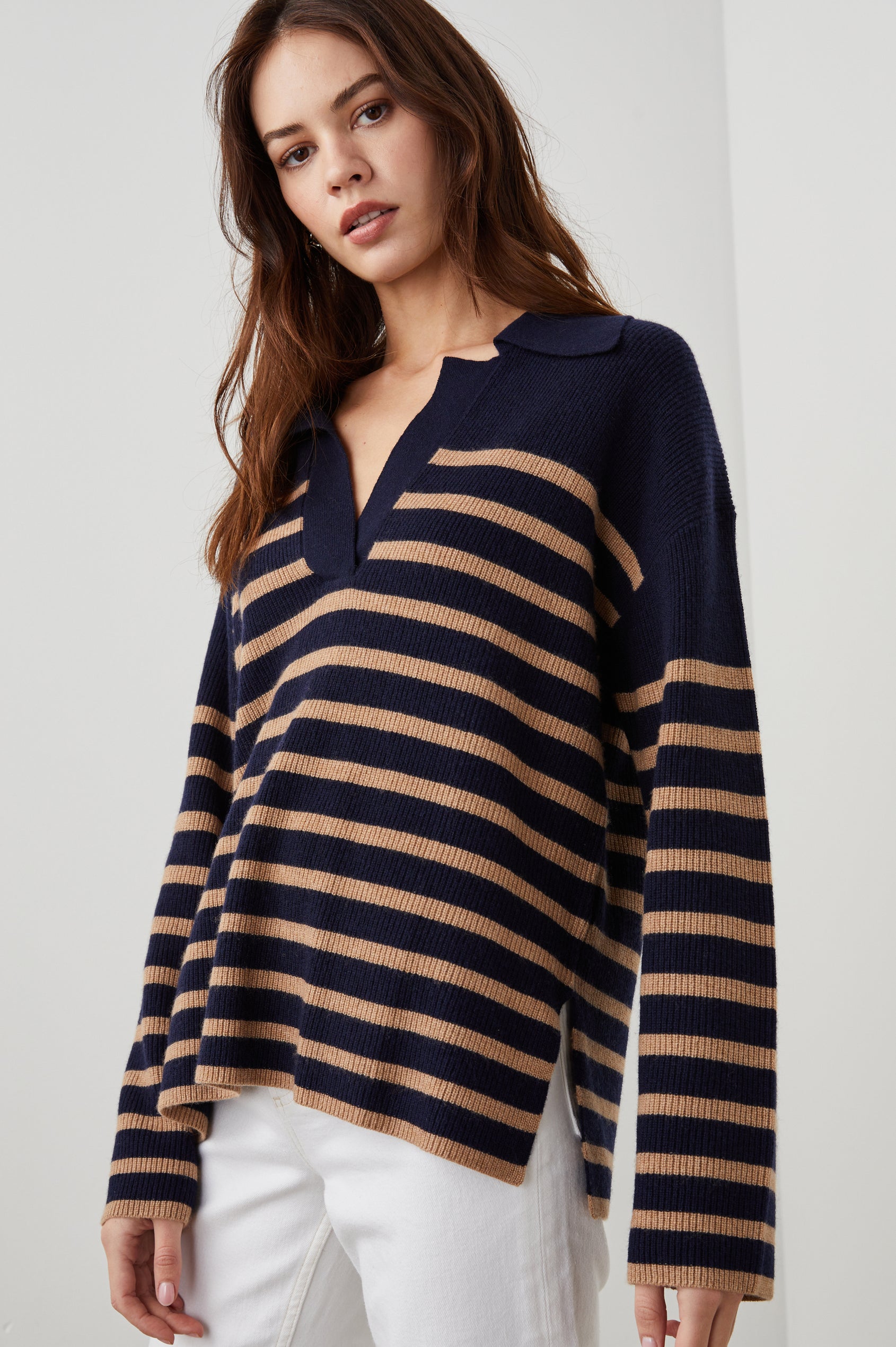 HARRIS SWEATER CAMEL NAVY STRIPE - FRONT ANGLE